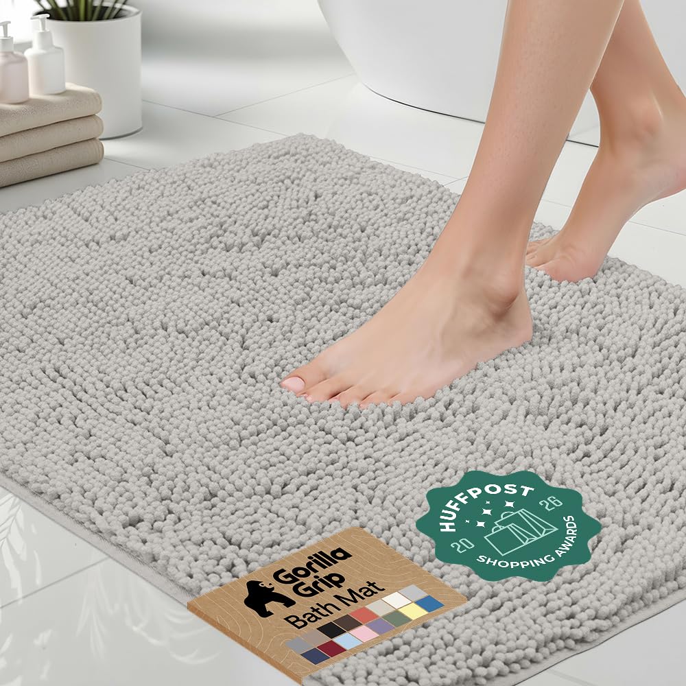 GORILLA GRIP Bath Rug Mat for Bathroom, Absorbent Chenille, 24x17 Gray | Soft Thick Quick Dry Microfiber Mats, Rubber Backing, Machine Washable Tub and Shower Floor Rugs, Home Decor Essentials