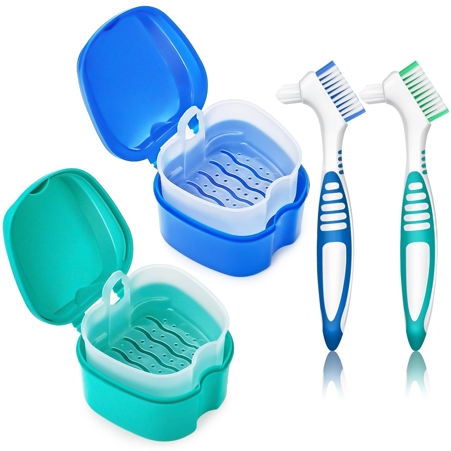 2 Pack Colors Denture Bath Case Cup Retainer Cleaner Holder Case False Teeth Soaking Container Dental Bath Storage Box Case with Strainer Basket and Brush - Rose Red & Black