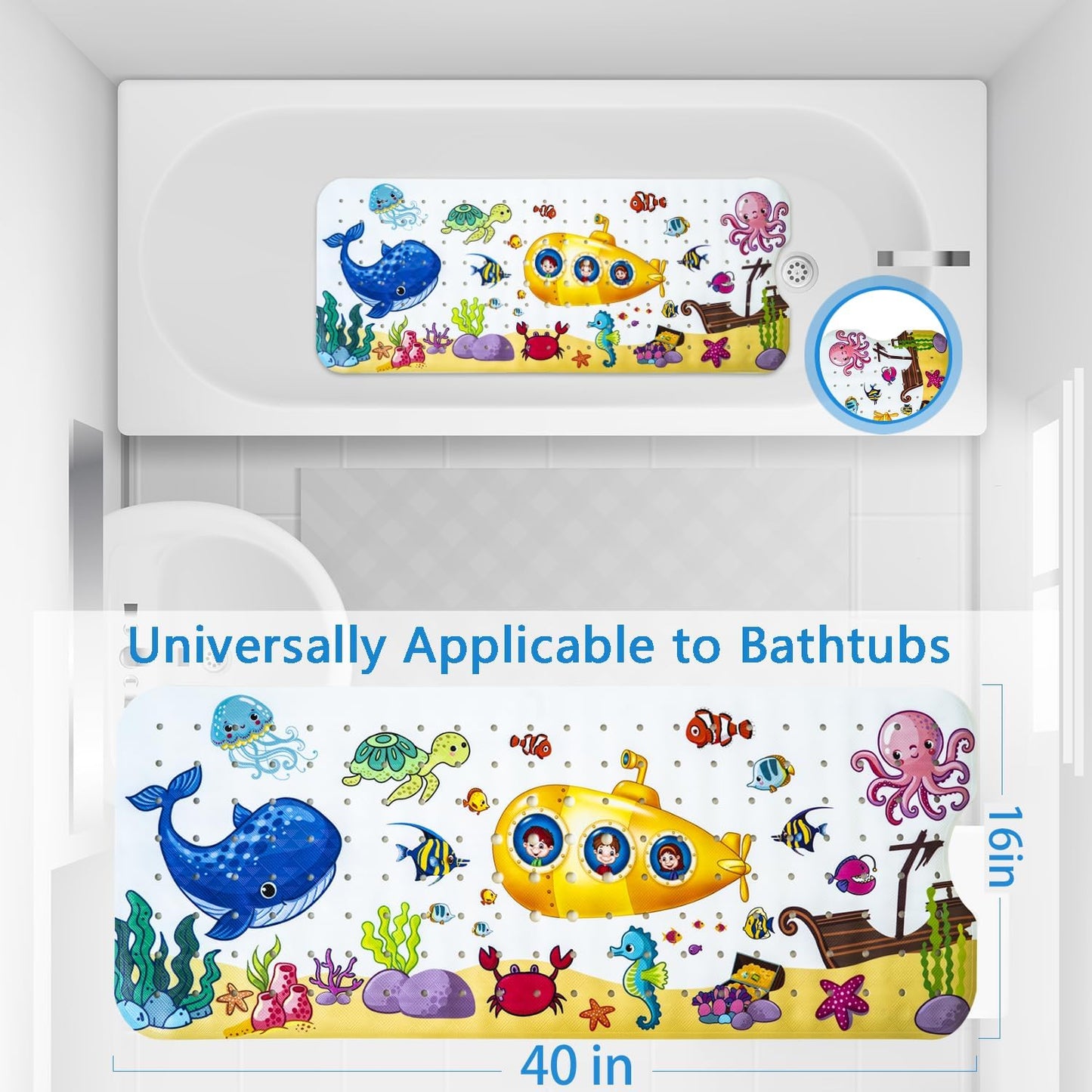Kids Bath Mat with Ocean Theme Design, 40x16 inches, Non-Slip with 200 Suction Cups, Cartoon Sea Animals Pattern (Whale + Submarine, 40 * 16in)