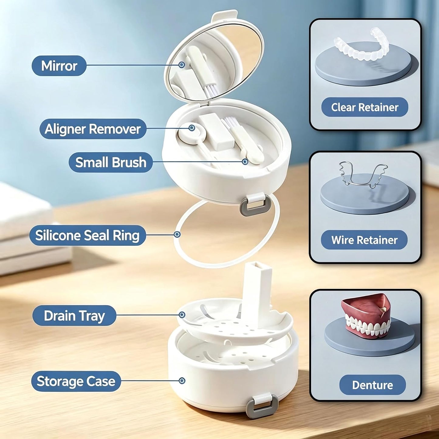 Retainer Cleaner Case with Auto-Lifting Strainer, Blue | Leak proof aligner bath cup with automatic lifting strainer basket, denture case with mirror, brush and cleaning tool