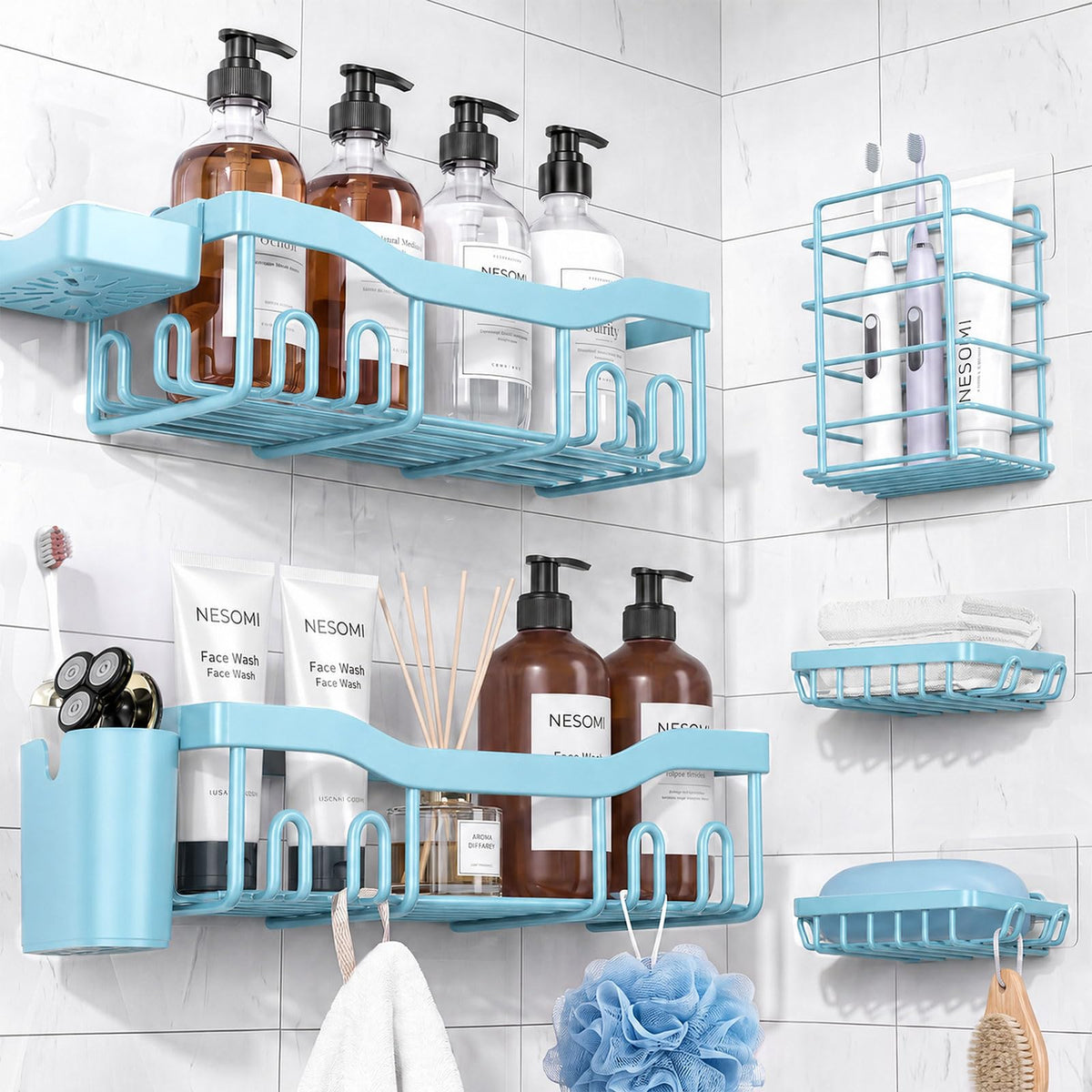 NESOMI 7-Pack Shower Caddy Adhesive,Stainless Steel Shower Organizer Shelf | Rustproof, with Soap Dish Toothbrush Holder, Large Capacity, No-Drill Rack Bathroom Storage Accessories, 24 Hooks, Home Decor