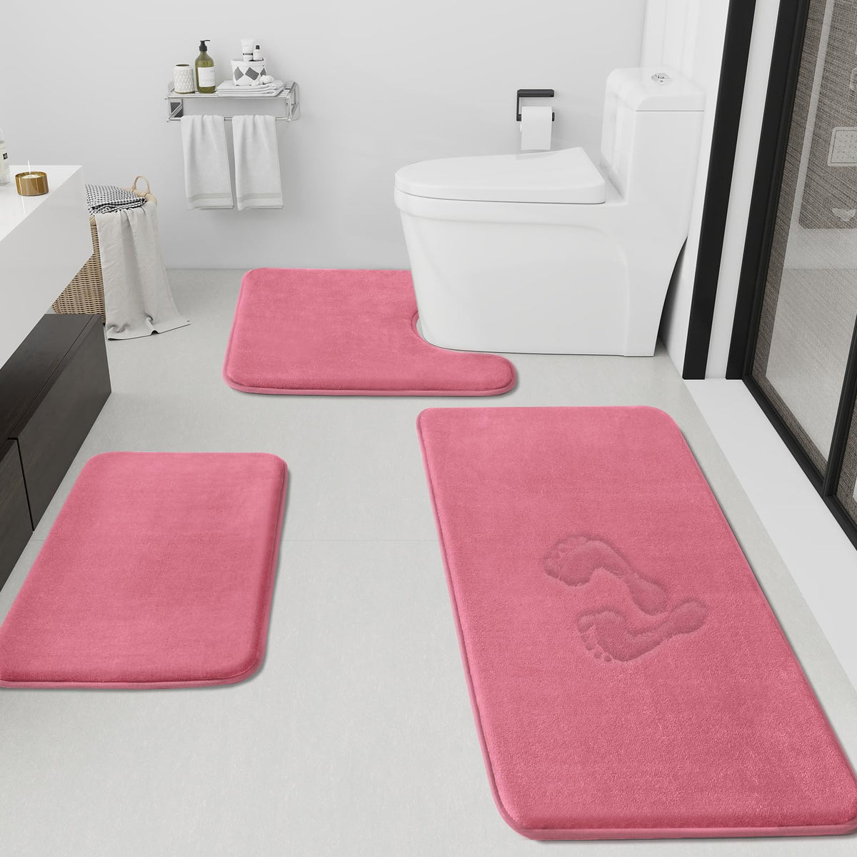 HUXMEYSON Bathroom Rugs Sets 3 Piece, Non-Slip & Quick Dry Bath Mat Set, Ultra Soft Velvet Bath Rugs for Bathroom, Toilet and Shower Floor, Grey