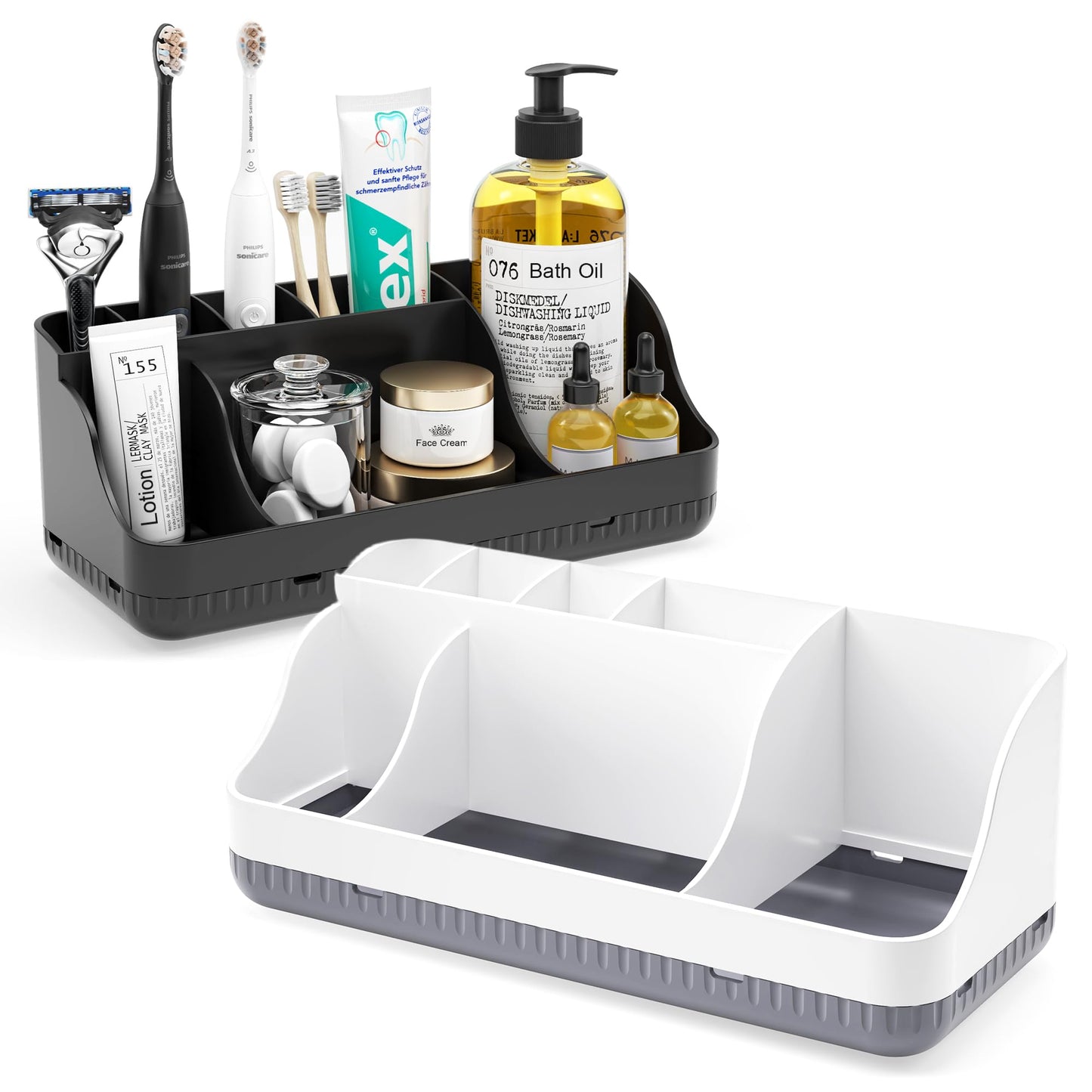 Bathroom Counter Organizer and Storage with 2 Pack Qtip Holder Dispenser, 7 Slots Detachable Toothbrush Holders for Bathrooms, Anti-Slip Electric Toothbrush and Toothpaste Holder Countertop