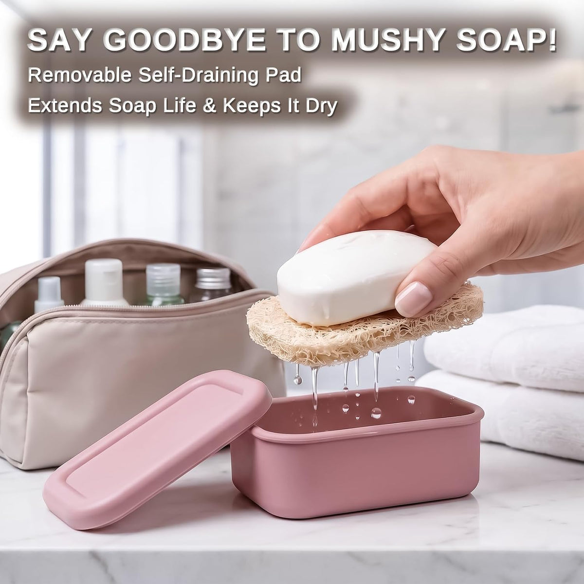 Leak Proof Silicone Travel Soap Case with Draining Tray - Bar Soap Holder for Travel, Gym & Camping - Mess-Free Portable Soap Container for Carry-on Bags (Light Pink)