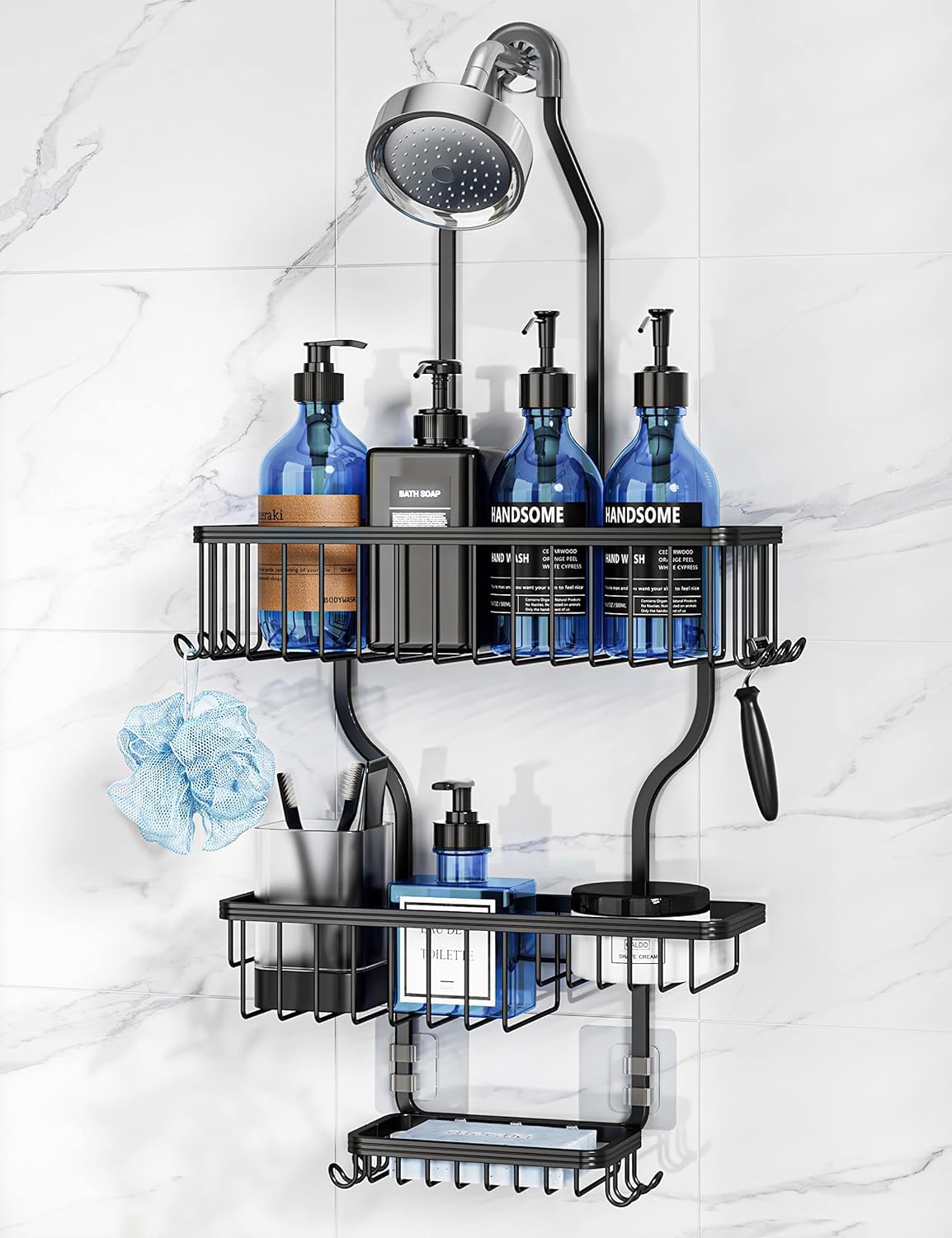 YASONIC Never Rust Shower Caddy Hanging, Aluminum Shower Racks for Inside Shower, 3-Tier Shower Organizer Hanging Over Shower Head with Hooks and Soap Holder, Silver