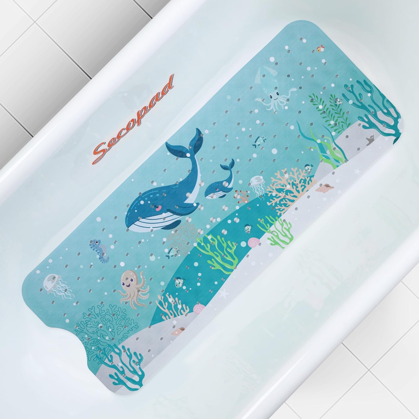 Secopad Bathtub Mat Non Slip, Cute Tub Mat, 40" x 16", Turtles | Rectangular, Anti-Slip, Machine Washable, with Drain Holes and Suction Cups,For Bathtub and Shower Floor, for Toddler & Kids