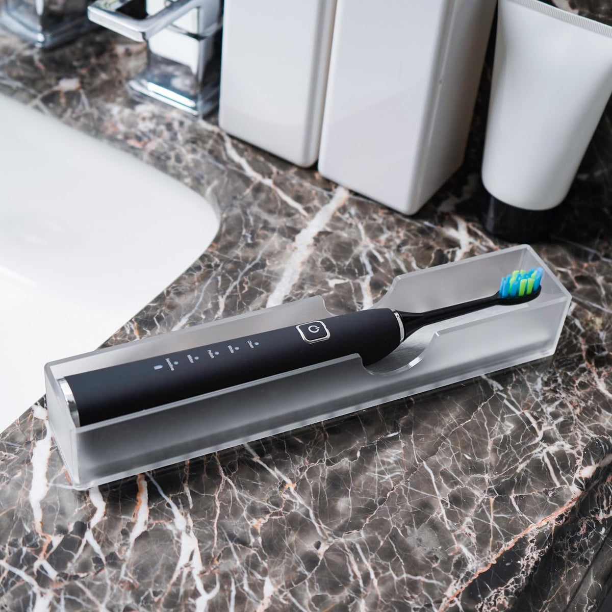 2Pack Acrylic Electric Toothbrush Holder with Diatomite Drying Stone, Bathroom Drawer Organizer with Drainage Hole for Tooth Brush, Compatible with Philips, Oral-B