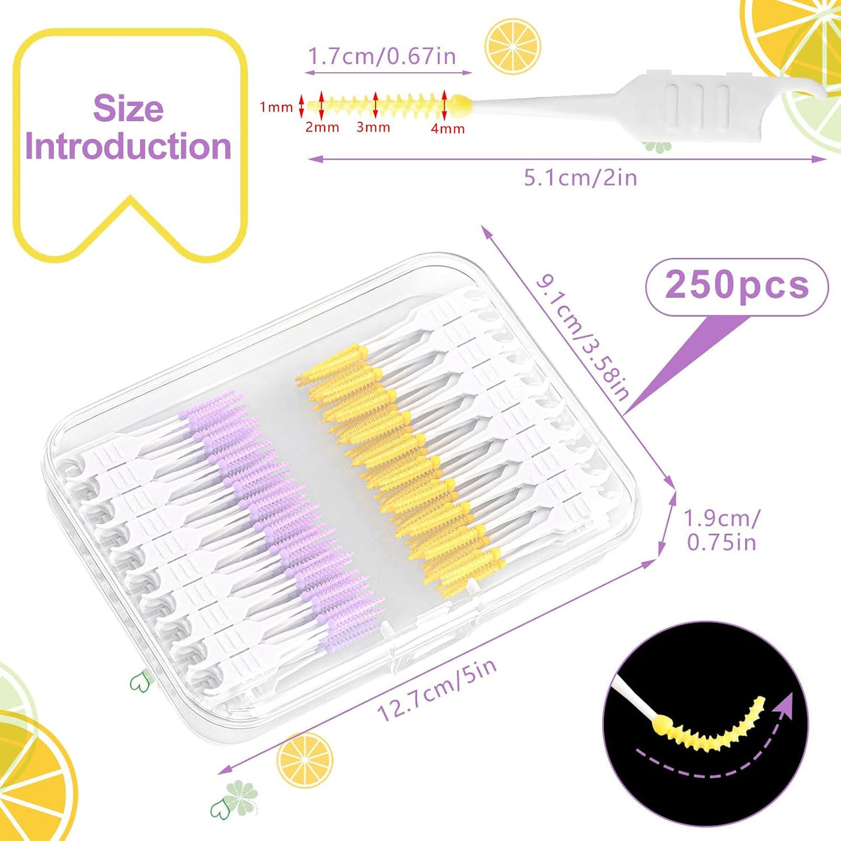 250 Interdental Brushes, Silicone Floss Picks With Case, Yellow/Purple | Soft Flexible Silicone Tips, Dual-Ended Design, Portable Storage Case, For Tight Gaps And Daily Teeth Cleaning
