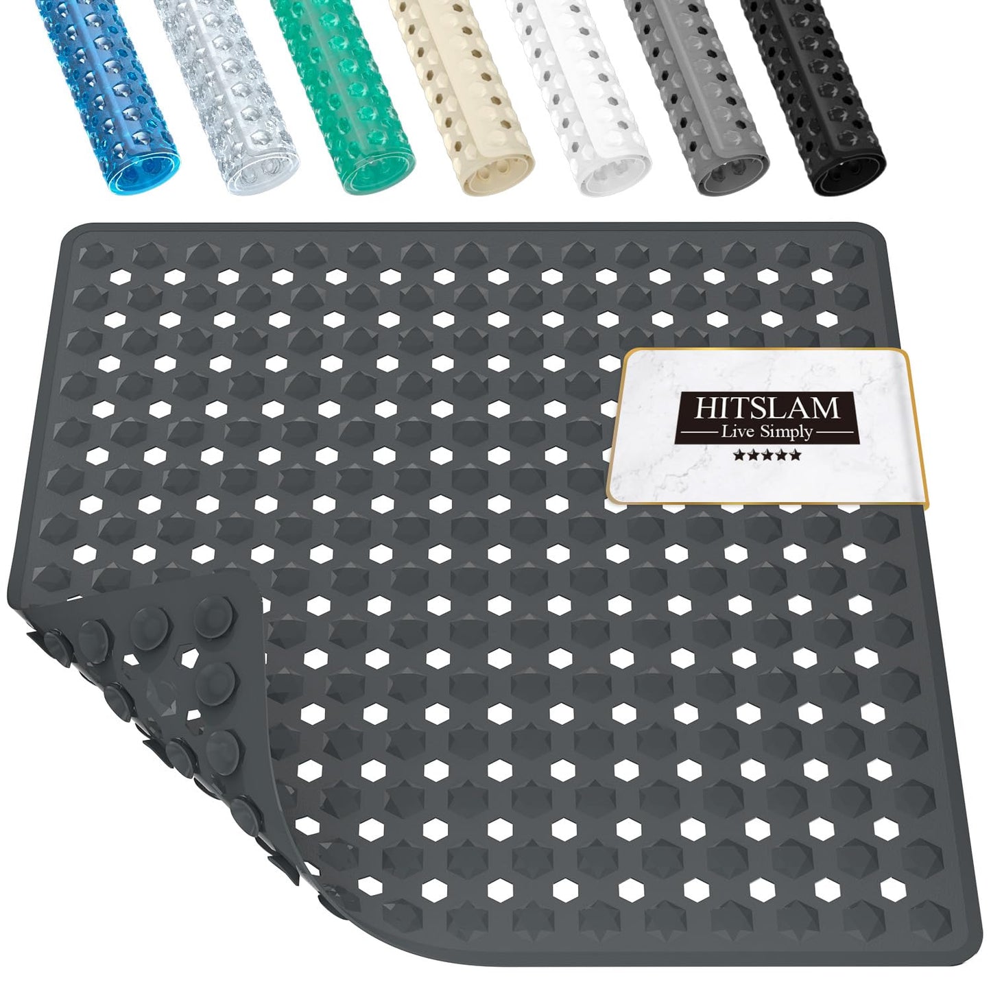 HITSLAM Shower Mat Anti Slip, Square Bath Mat for Tub Non Slip with Suction Cups and Drain Holes, 21x21 Inch Bathroom Shower Stall Floor Mat, Machine Washable, Soft on Feet, Clear