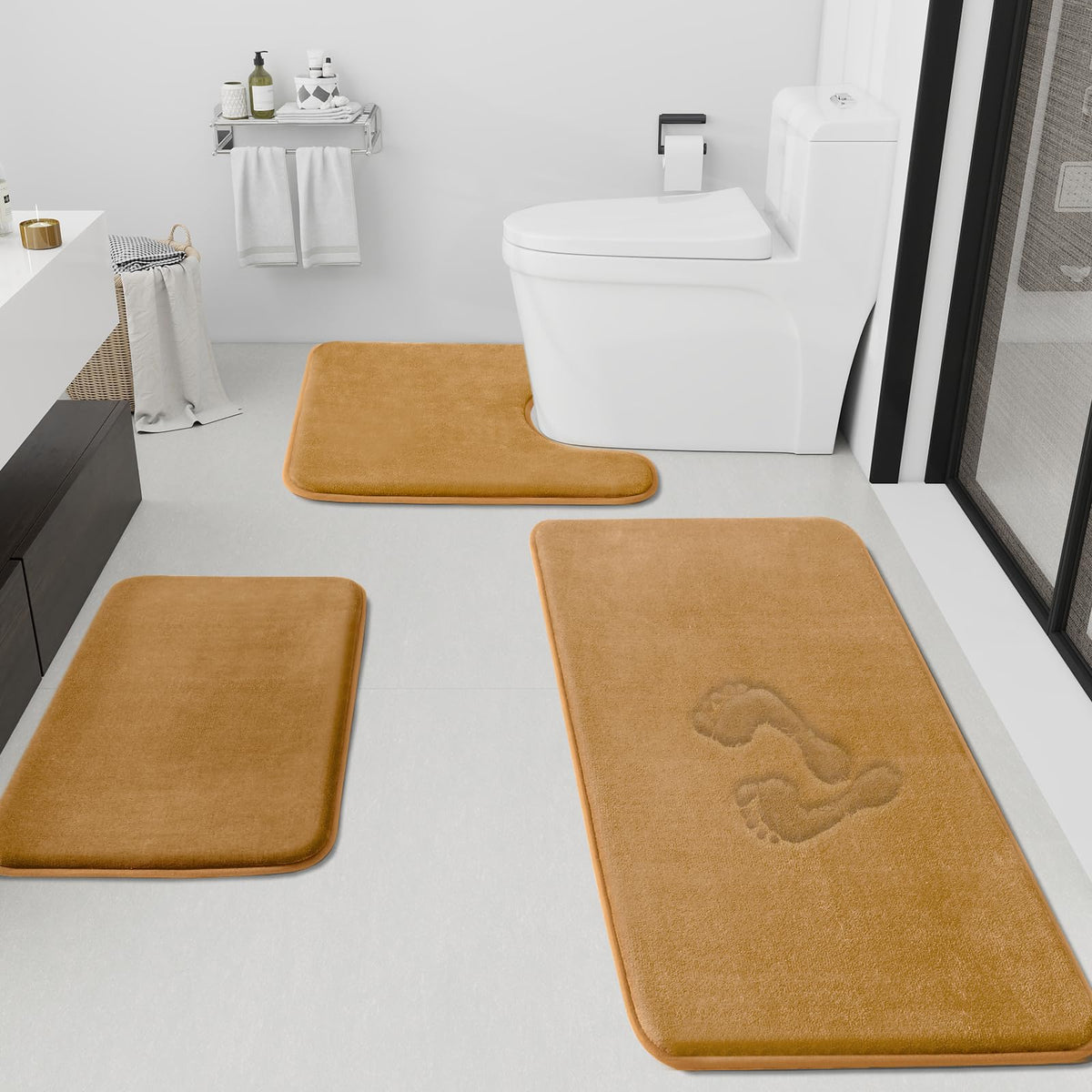HUXMEYSON Bathroom Rugs Sets 3 Piece, Non-Slip & Quick Dry Bath Mat Set, Ultra Soft Velvet Bath Rugs for Bathroom, Toilet and Shower Floor, Grey