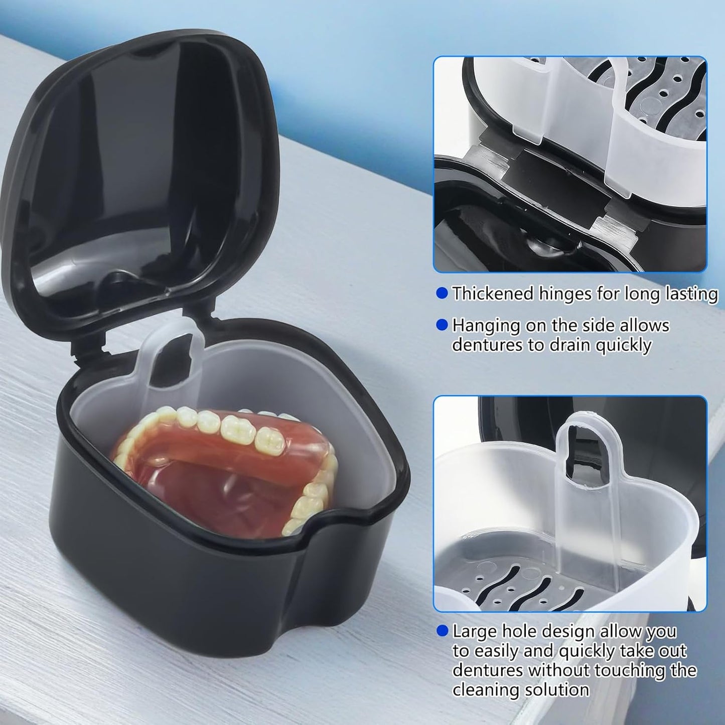 2 Pack Colors Denture Bath Case Cup Retainer Cleaner Holder Case False Teeth Soaking Container Dental Bath Storage Box Case with Strainer Basket and Brush - Rose Red & Black