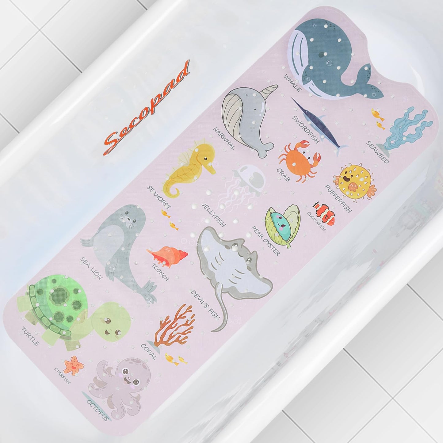 Secopad Bathtub Mat Non Slip, Cute Tub Mat, 40" x 16", Blue Sea Animals | Rectangular, Anti-Slip, Machine Washable, with Drain Holes and Suction Cups,For Bathtub and Shower Floor, for Toddler & Kids