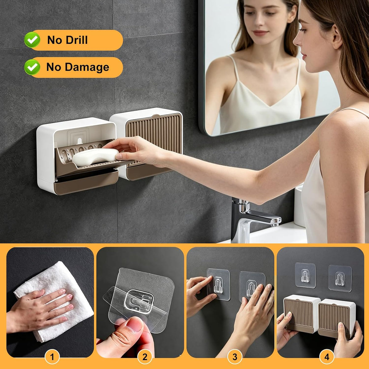 Wall‑Mounted Soap Dish Holder with Self‑Adhesive Wall Hooks, Removable Drain Tray for Draining Water, Keeps Soap Dry, Space Saver for Bathroom Shower Sink Kitchen (1-Pack Khaki-Single Compartment)