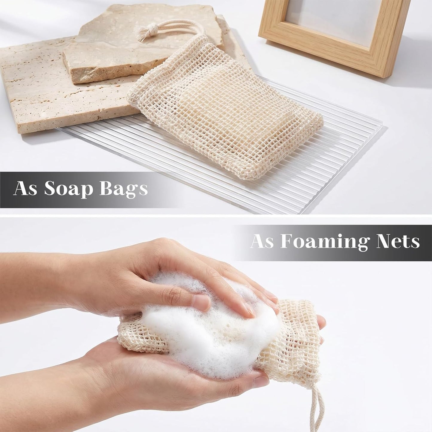 6 PCS Natural Sisal Soap Saver Bag, Mesh Sisal Soap Bags for Soap Bars with Drawstring, Exfoliating Foaming Quick Drying Bar Soap Net Pouch for Shower