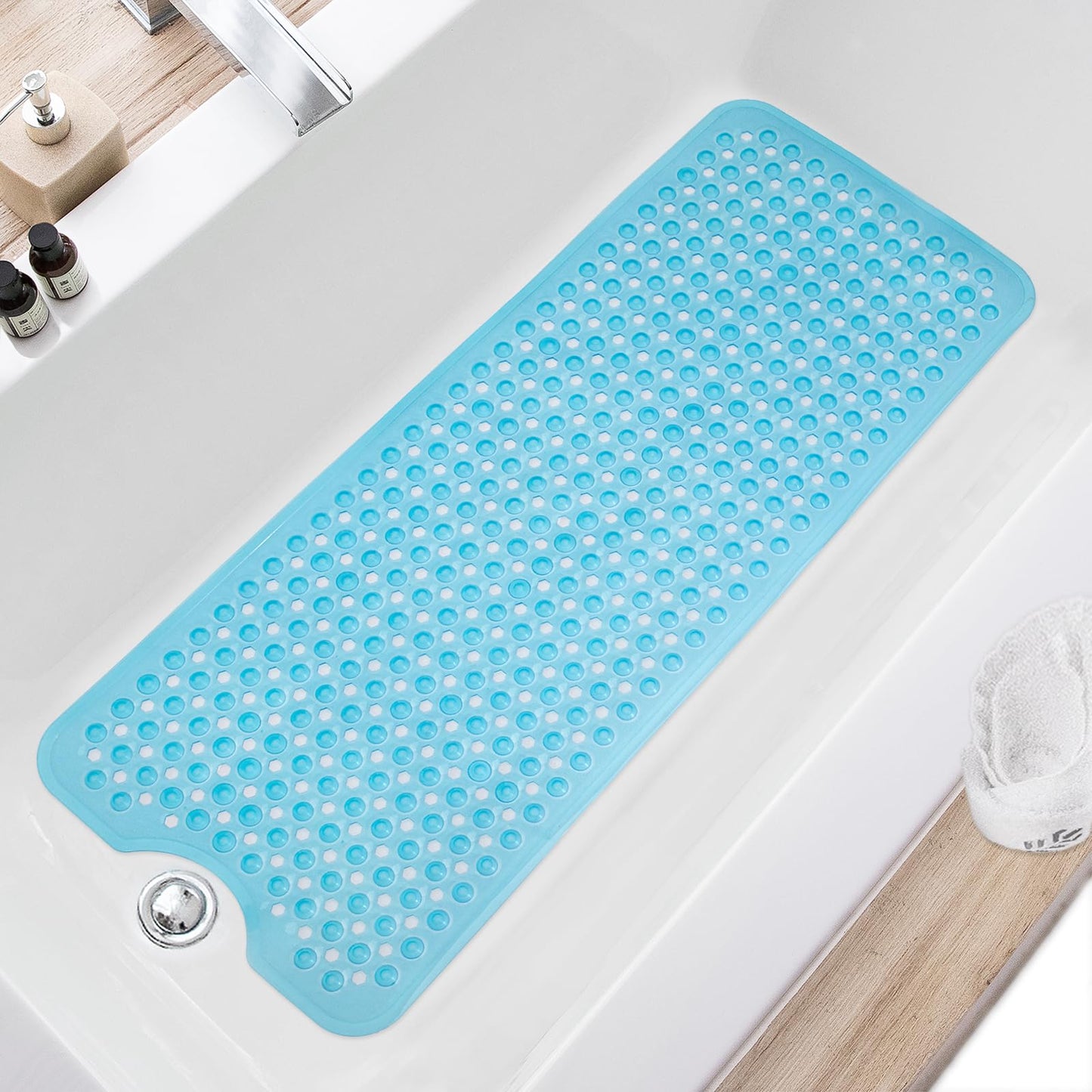 TEESHLY Bath Tub and Shower Mats, Non Slip 40 x 16 Inch Extra Large Bathtub Mat, Machine Washable Bathmat with Drain Holes, Suction Cups for Bathroom Floor, Gray