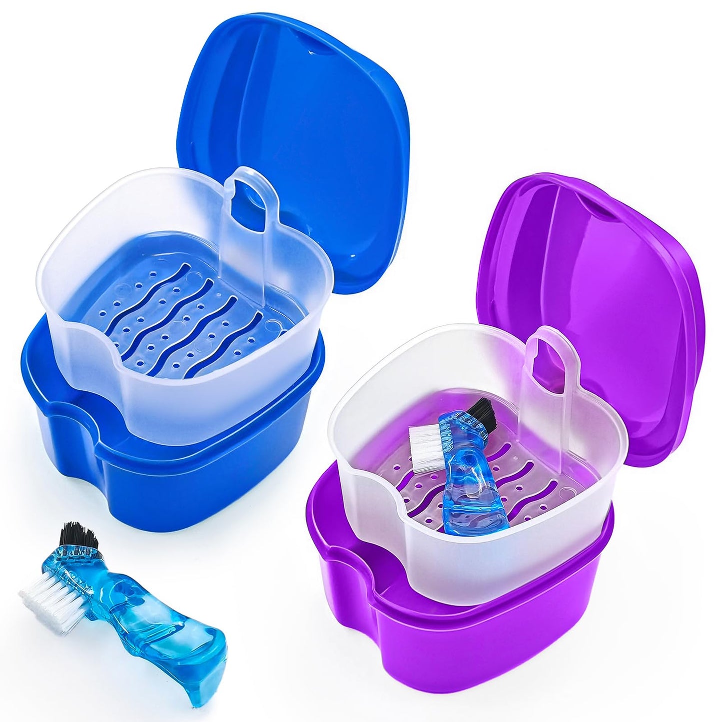 2 Pack Denture Case Dental Mouthguard Case, Denture Bath Box Cleaning with Brush, Strainer Basket and Lid Waterproof - Purple and Blue
