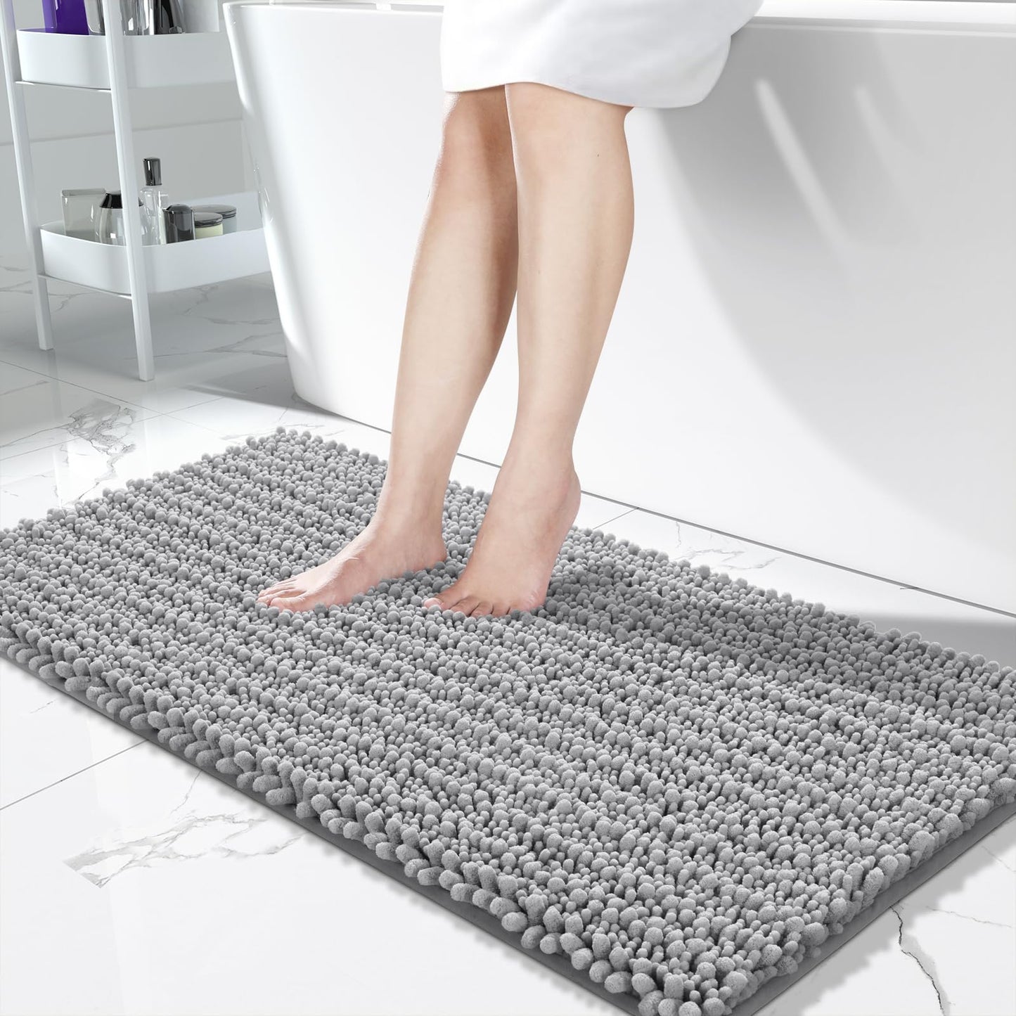 Yimobra Bathroom Rugs Non-Slip Washable – Extra Soft & Absorbent Chenille Bath Mat, Quick-Dry Plush Shaggy Floor & Vanity Bath Rugs for Tub & Shower, Modern Home Decor Accessories, 24 x 17, Grey