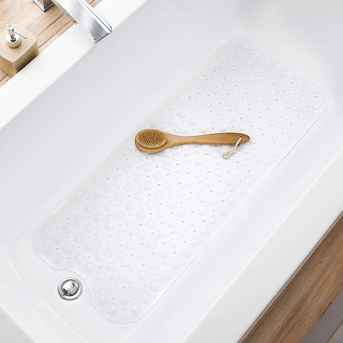 TEESHLY Bathtub Mats for Shower Tub, Extra Long Non-Slip 39 x 16 Inch Bath Mat with Drain Holes and Suction Cups, BathMat for Bathroom with Machine Washable (Clear Grey)