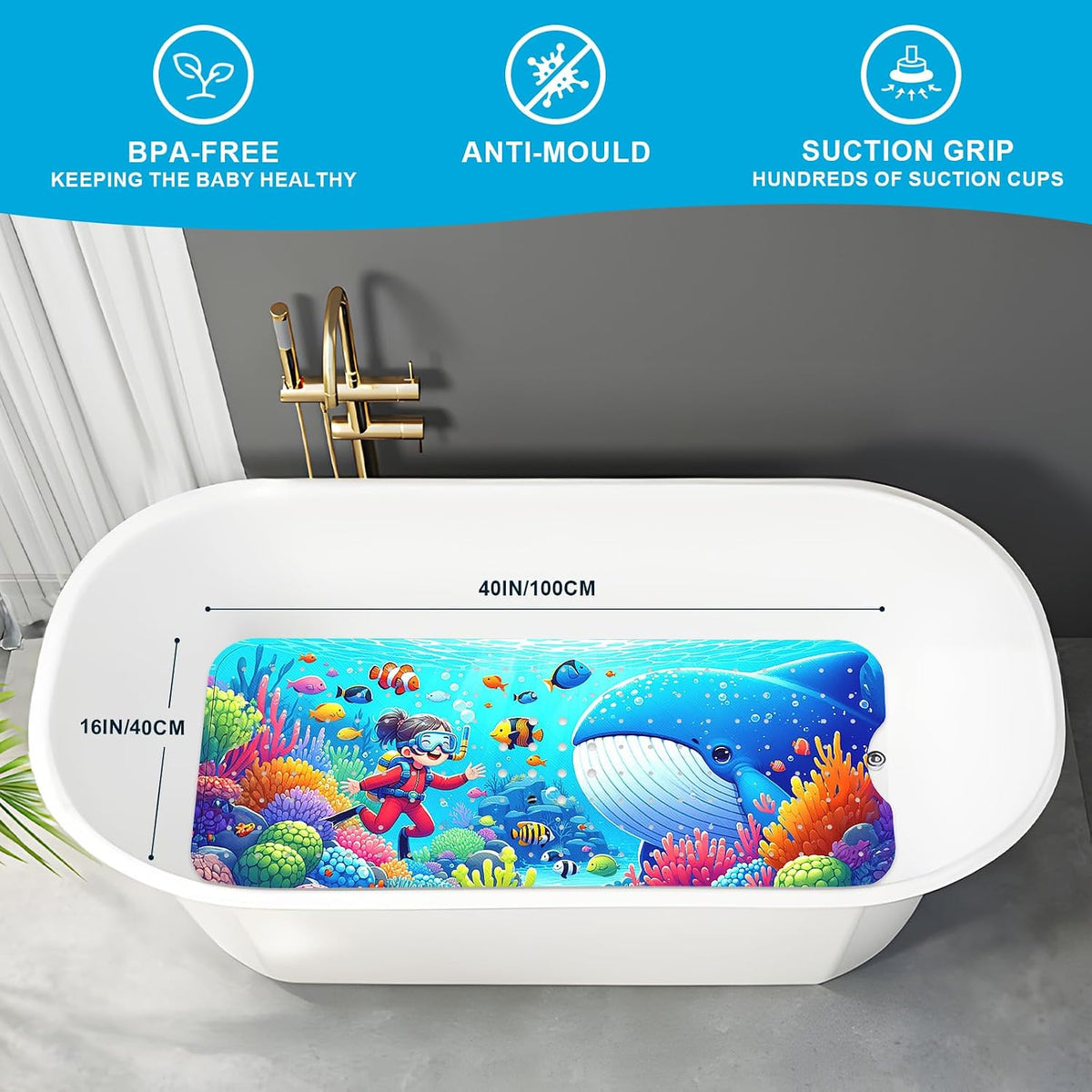 XIYUNTE Baby Bath Mat for Tub Non Slip Kids Bath Mat - 40''x16'' Extra Long Cartoon Bathtub Mat Non Slip Kids Shower Mat Eco-Friendly Toddler Bath Mats with Suction Cups, Machine Washable