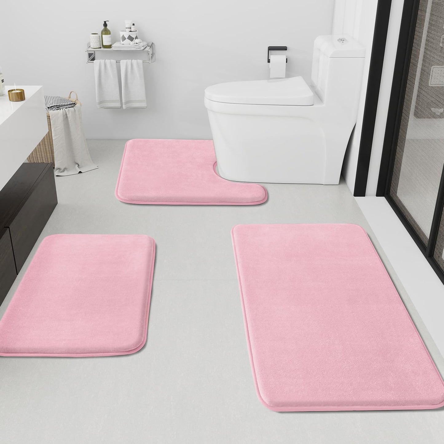 HUXMEYSON Bathroom Rugs Sets 3 Piece, Non-Slip & Quick Dry Bath Mat Set, Ultra Soft Velvet Bath Rugs for Bathroom, Toilet and Shower Floor, Grey