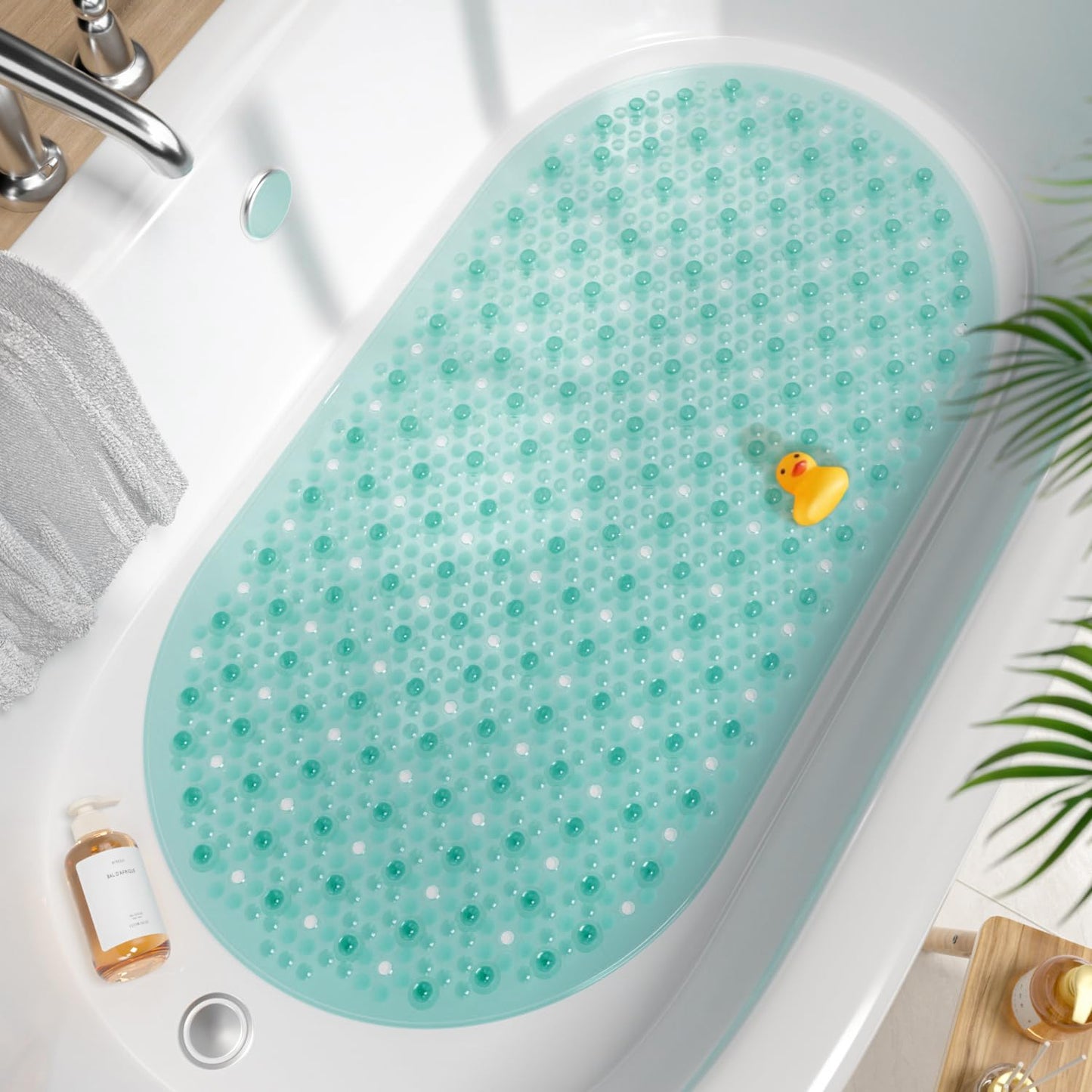 HITSLAM Bathtub Mat Non Slip, 27x15 Inch Bubble Oval Bath Tub Mat for Bathroom, Machine Washable Shower Mat with Suction Cups and Drain Holes, Clear