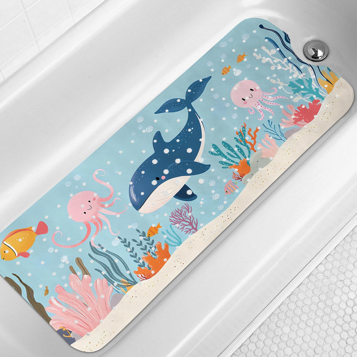 LNOND Bath Mat for Tub for Kids, Toddler Bathtub mat Non Slip, Whales and Coral Kids Bath Mats for Bathroom Non Slip with Drain Holes and Suction Cups,Machine Washable (40 X 16 Inch)