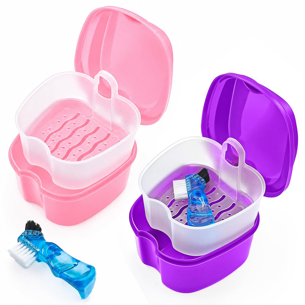 2 Pack Denture Case Dental Mouthguard Case, Denture Bath Box Cleaning with Brush, Strainer Basket and Lid Waterproof - Purple and Blue