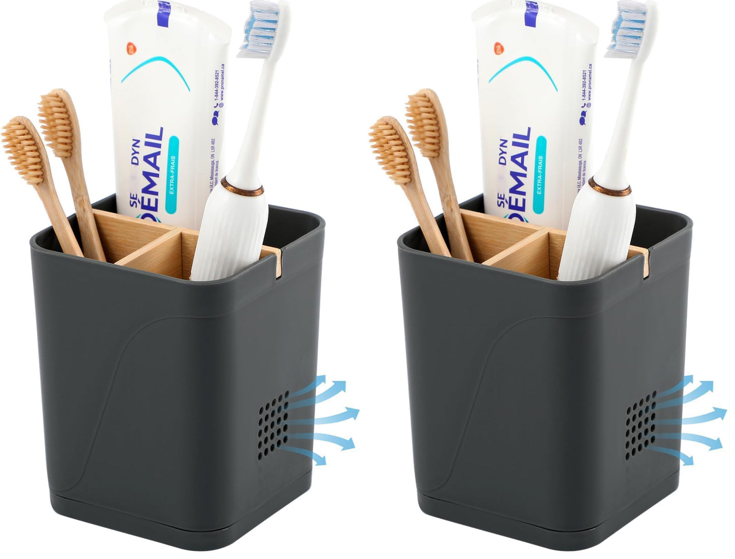 Electric Toothbrush Holder Tooth Brush and Toothpaste Organizer, Black | 3 Slots, Drainage Holes, Removable Bamboo Divider, Ventilation Design, Space-Saving, for Bathroom Countertop, Shower, Vanity