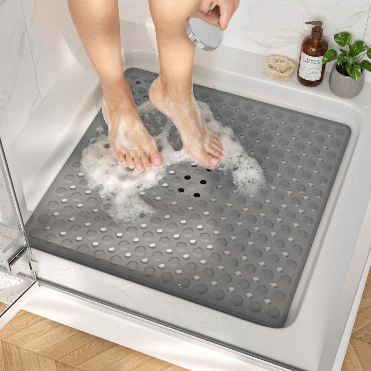HITSLAM Shower Mat Anti Slip, Square Bath Mat for Tub Non Slip with Suction Cups and Drain Holes, 21x21 Inch Bathroom Shower Stall Floor Mat, Machine Washable, Soft on Feet, Clear