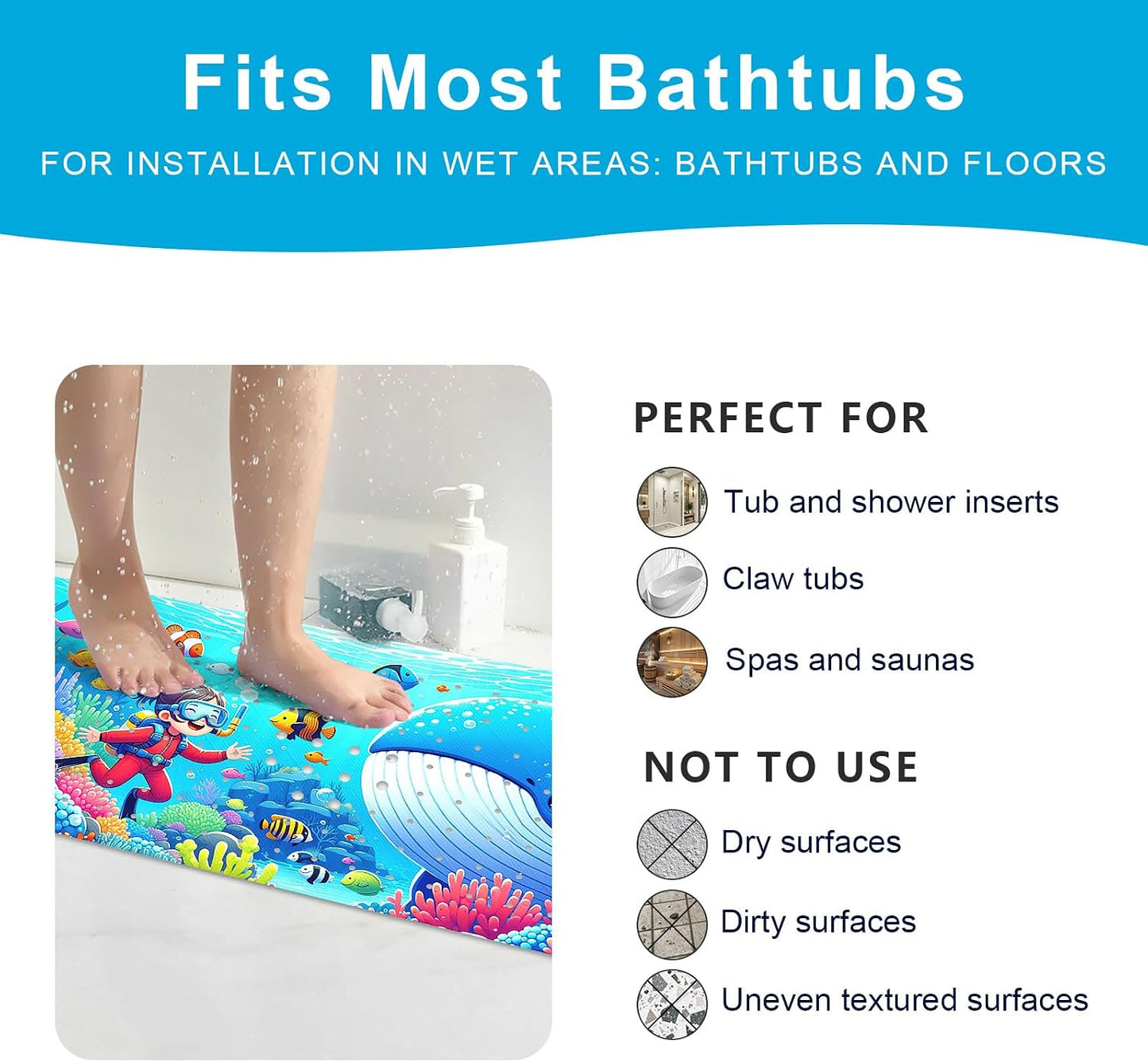 XIYUNTE Baby Bath Mat for Tub Non Slip Kids Bath Mat - 40''x16'' Extra Long Cartoon Bathtub Mat Non Slip Kids Shower Mat Eco-Friendly Toddler Bath Mats with Suction Cups, Machine Washable
