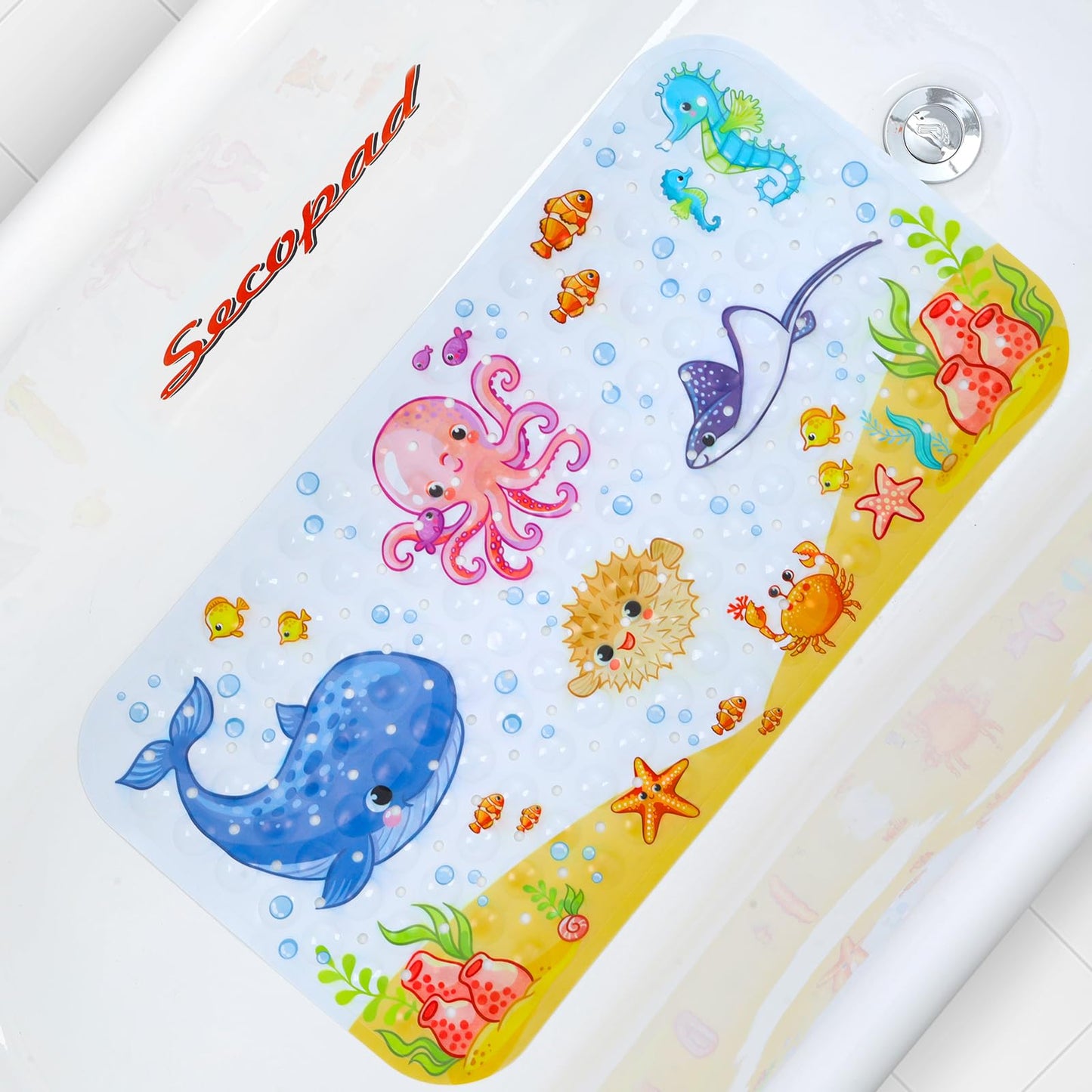 Secopad Bathtub Mat Non Slip, Cute Bath Tub Mat, 27.5" x 15", Pink Octopus | Rectangular, Anti-Slip, Machine Washable, with Drain Holes and Suction Cups,For Bathtub and Shower Floor, for Toddler & Kids
