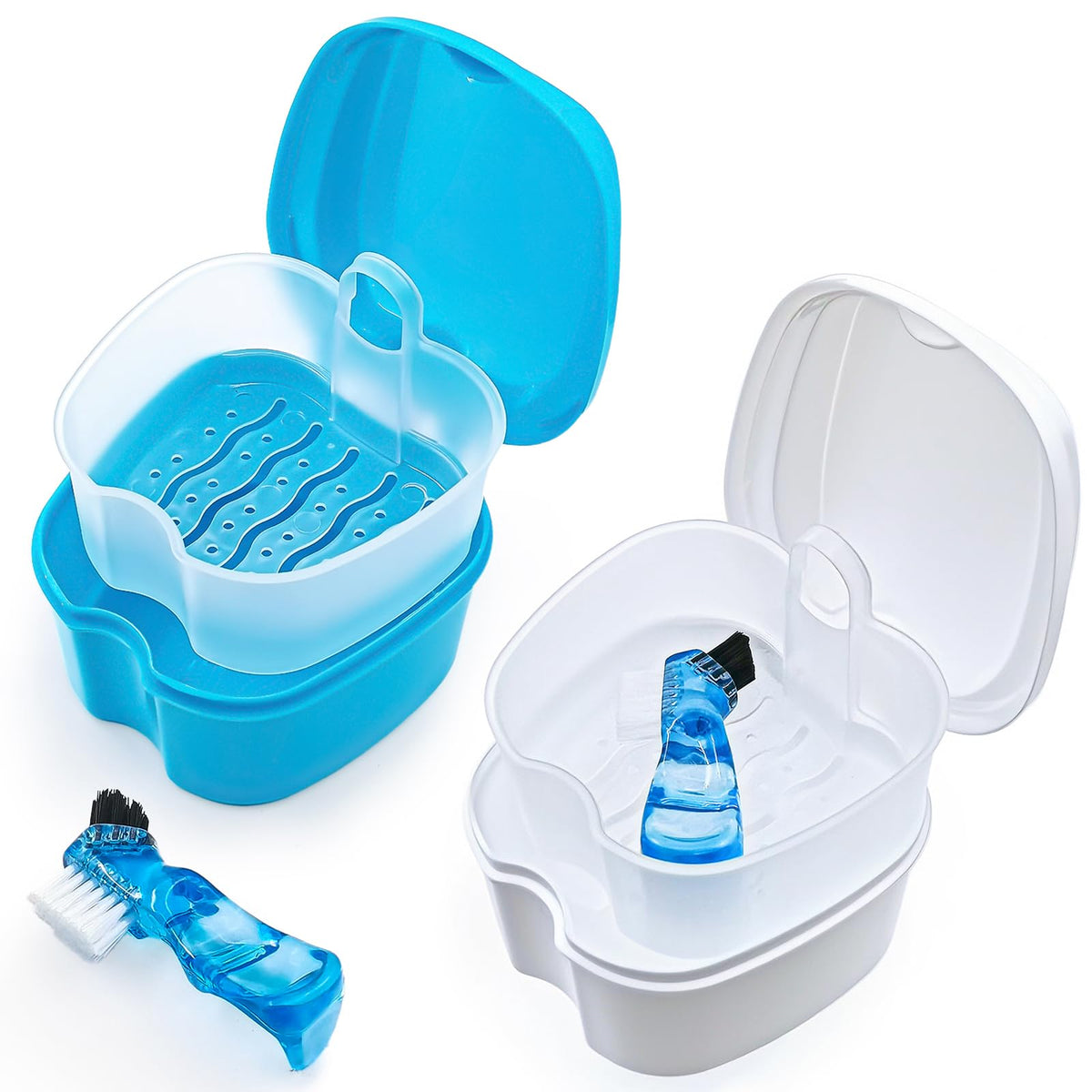 2 Pack Denture Case Dental Mouthguard Case, Denture Bath Box Cleaning with Brush, Strainer Basket and Lid Waterproof - Purple and Blue
