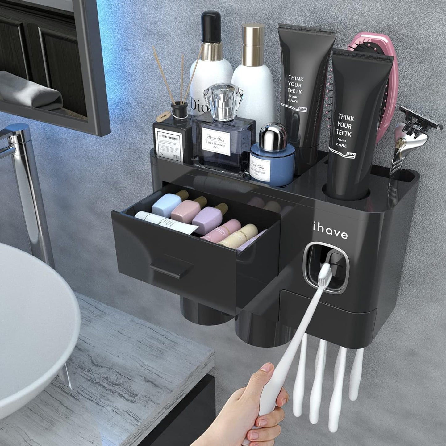 iHave Toothbrush Holders Wall Mounted with Toothpaste Dispenser & 2 Cups | All-in-One Bathroom Organizer: 2 Cups, 6 Slots, Toothpaste Dispenser, Large Tray & Drawer. Wall Mount, No Drilling Required