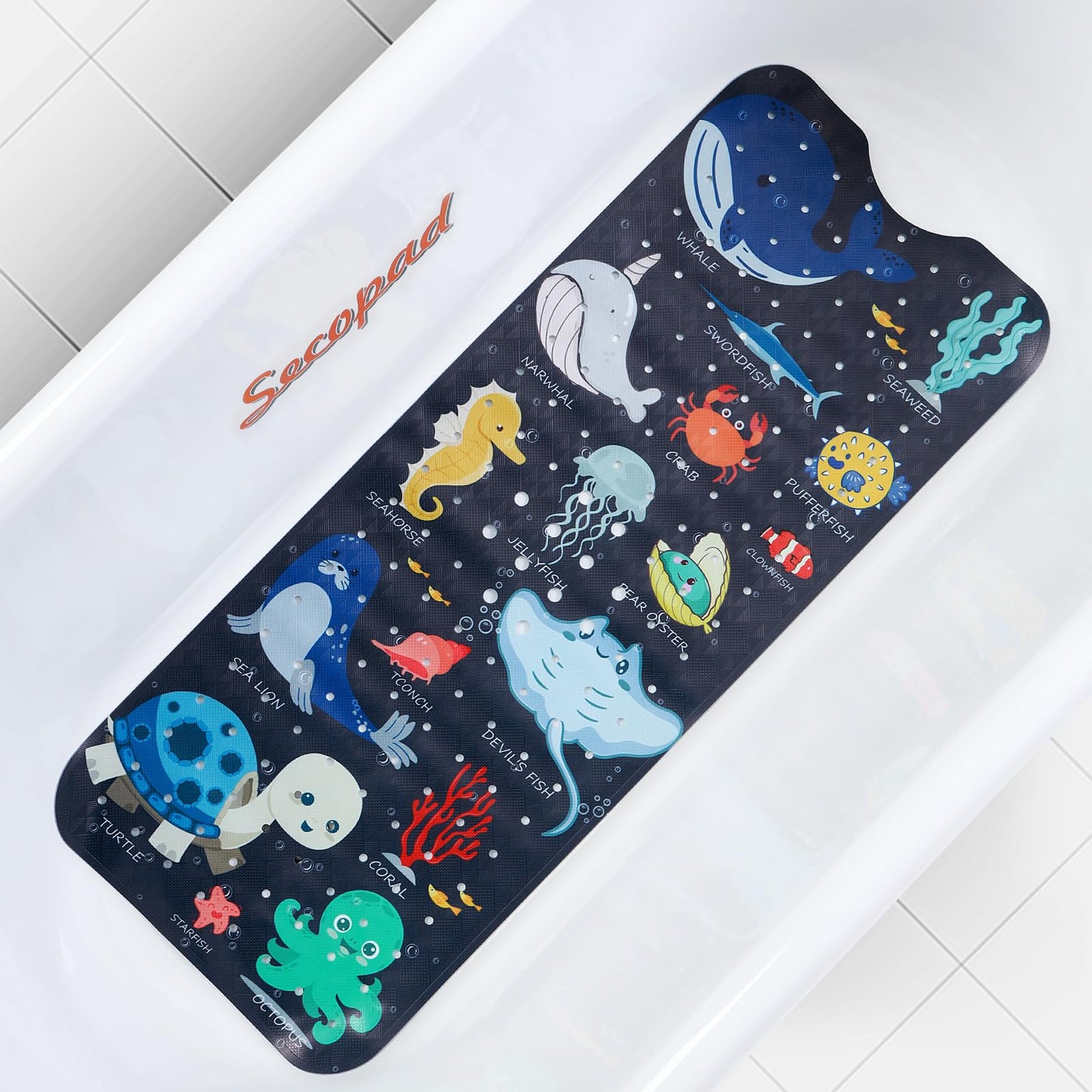 Secopad Bathtub Mat Non Slip, Cute Tub Mat, 40" x 16", Blue Sea Animals | Rectangular, Anti-Slip, Machine Washable, with Drain Holes and Suction Cups,For Bathtub and Shower Floor, for Toddler & Kids