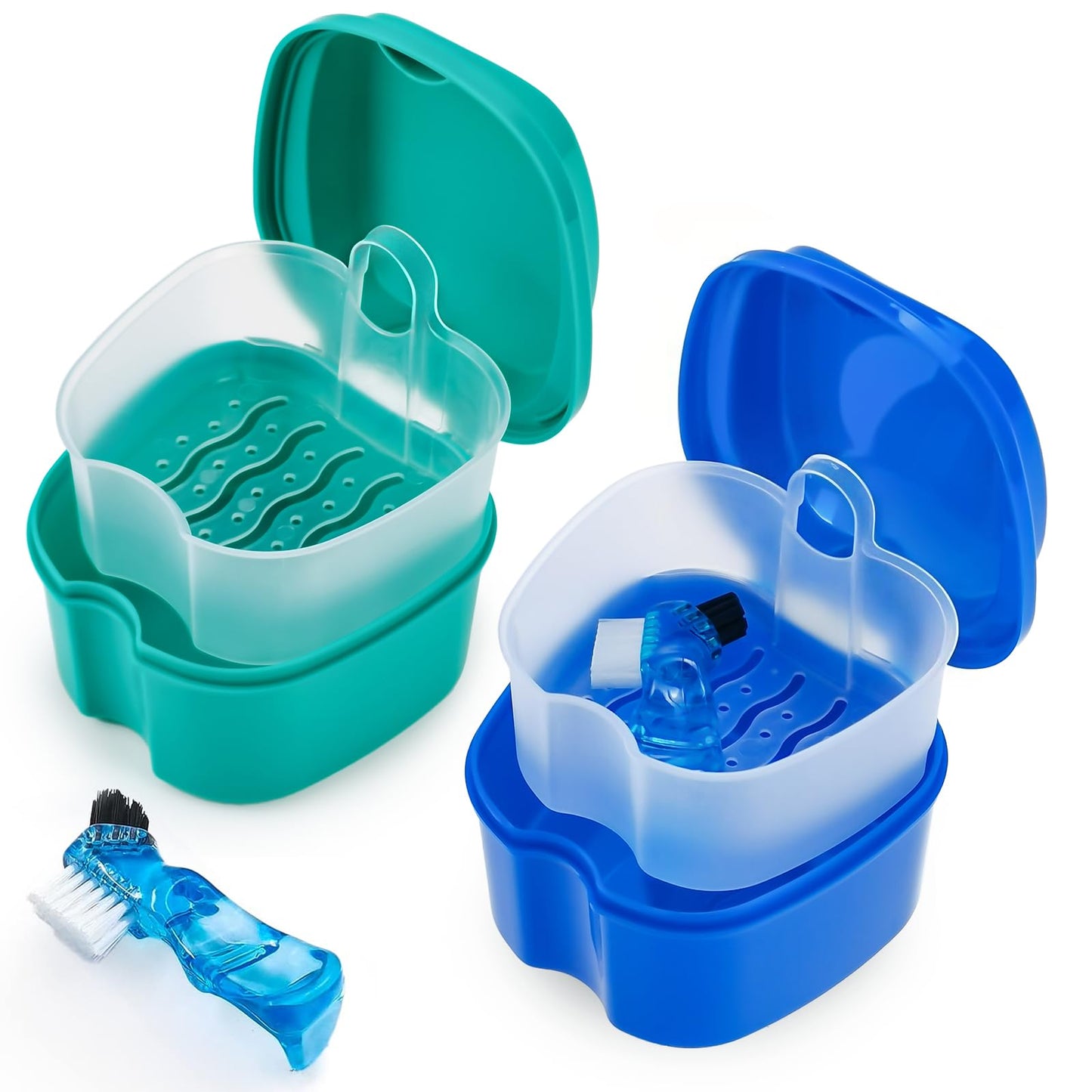 2 Pack Denture Case Dental Mouthguard Case, Denture Bath Box Cleaning with Brush, Strainer Basket and Lid Waterproof - Purple and Blue