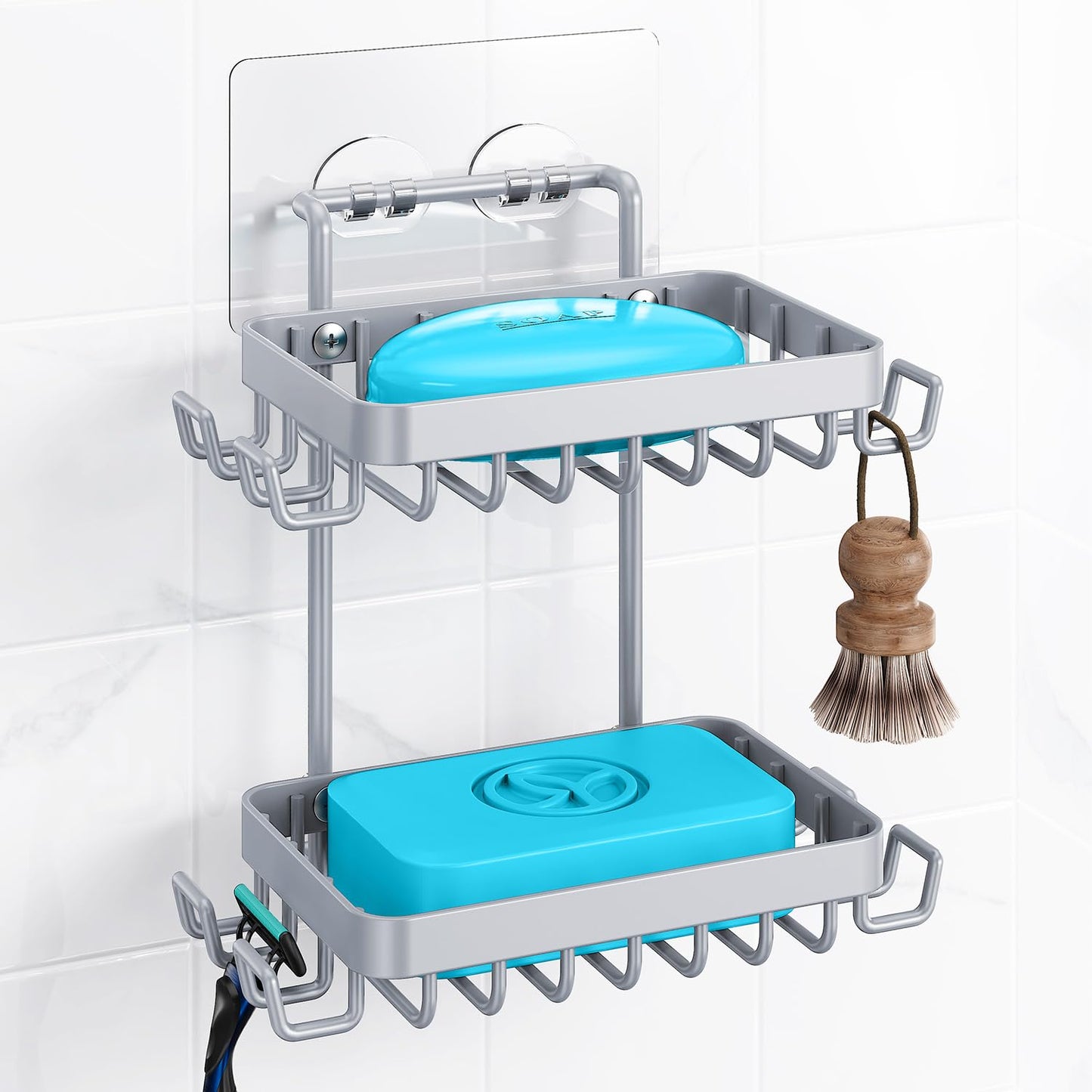 Nieifi Bar Soap Holder, Adhesive Soap Dish for Bathroom Shower Wall | Stainless steel, 2 tier, razor holders, 8 hooks, bathtub, kitchen sink, wall mounted, no drilling, counter, black