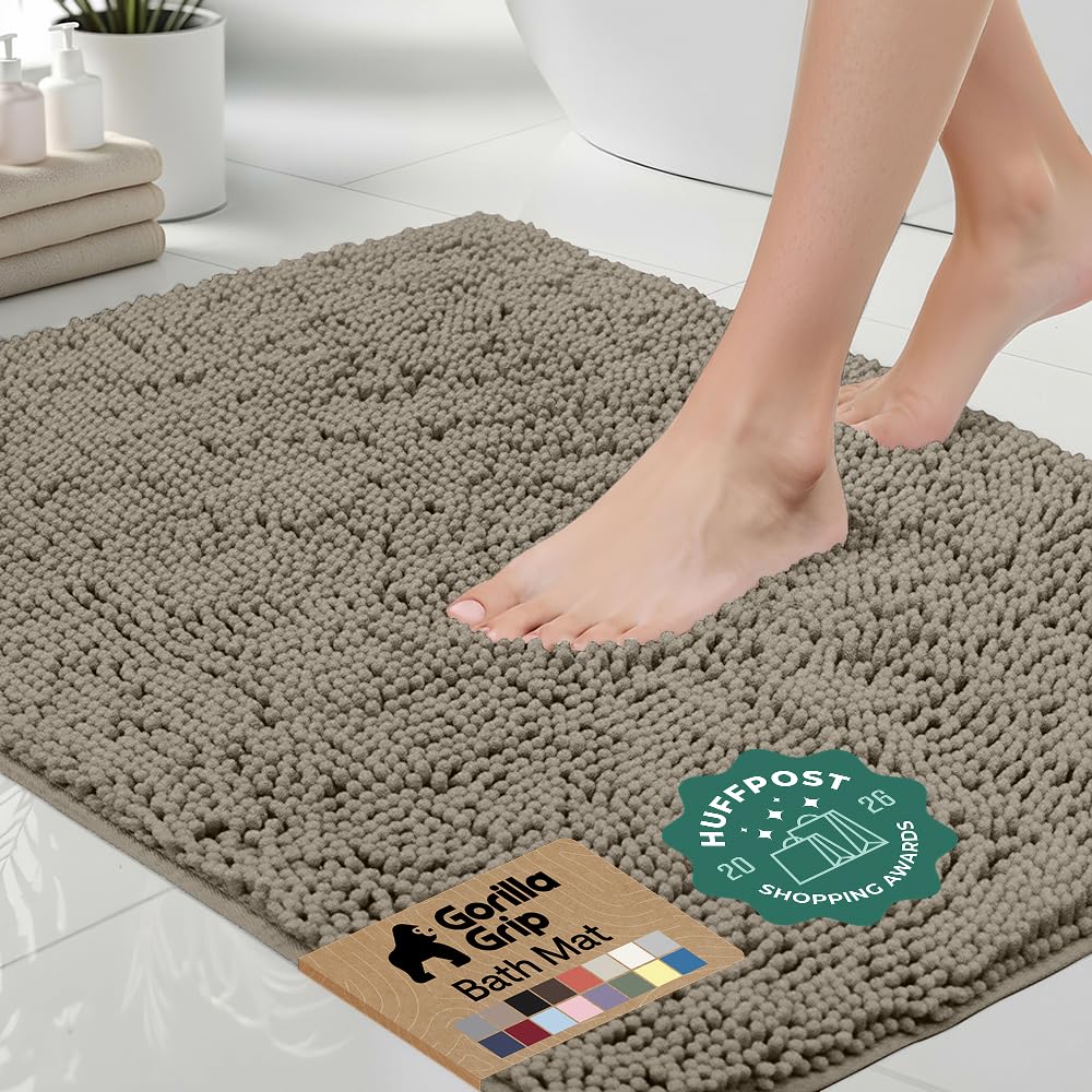 GORILLA GRIP Bath Rug Mat for Bathroom, Absorbent Chenille, 24x17 Gray | Soft Thick Quick Dry Microfiber Mats, Rubber Backing, Machine Washable Tub and Shower Floor Rugs, Home Decor Essentials