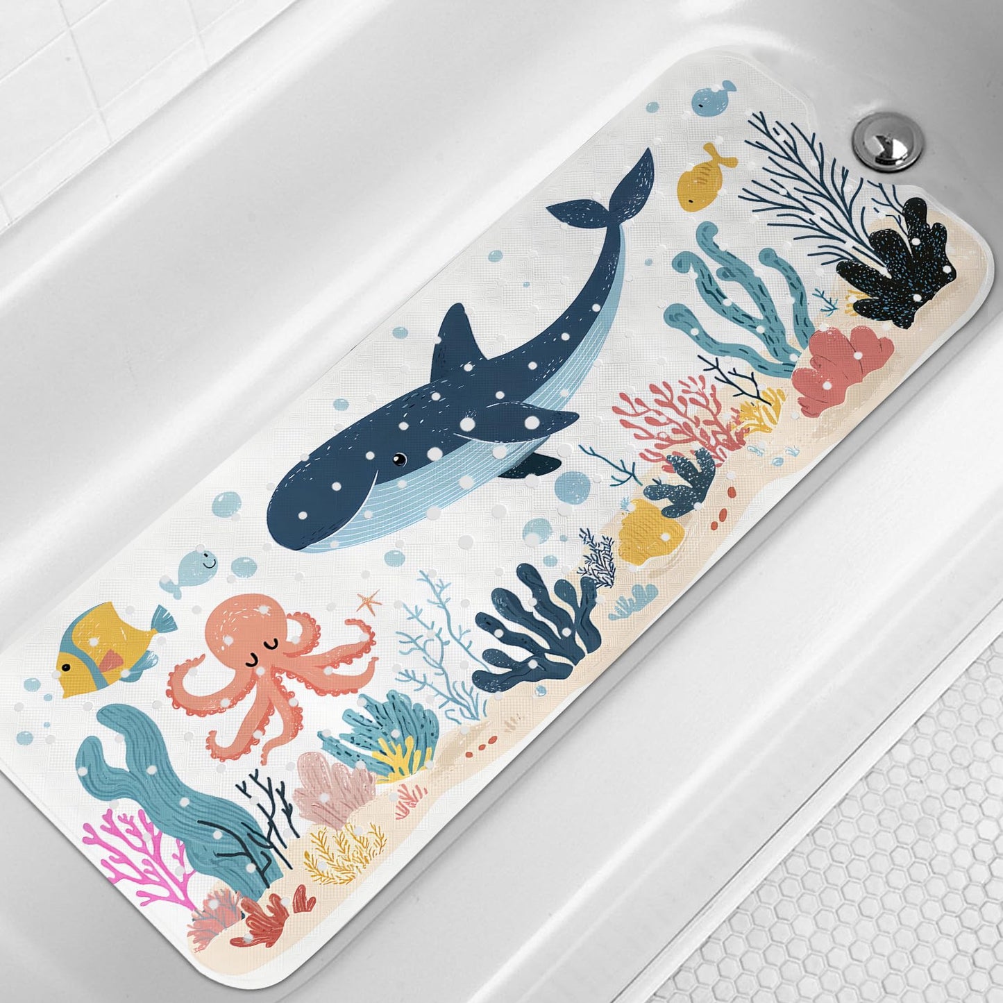LNOND Bath Mat for Tub for Kids, Toddler Bathtub mat Non Slip, Whales and Coral Kids Bath Mats for Bathroom Non Slip with Drain Holes and Suction Cups,Machine Washable (40 X 16 Inch)
