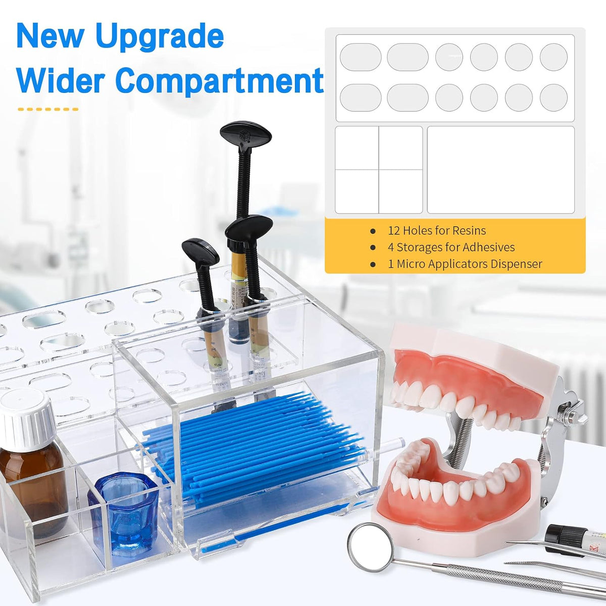 Dental Composite Organizer - Multi-Function Acrylic Dispenser for Resin Adhesive Syringes and Micro Applicator Brush Dental Instrument Holder