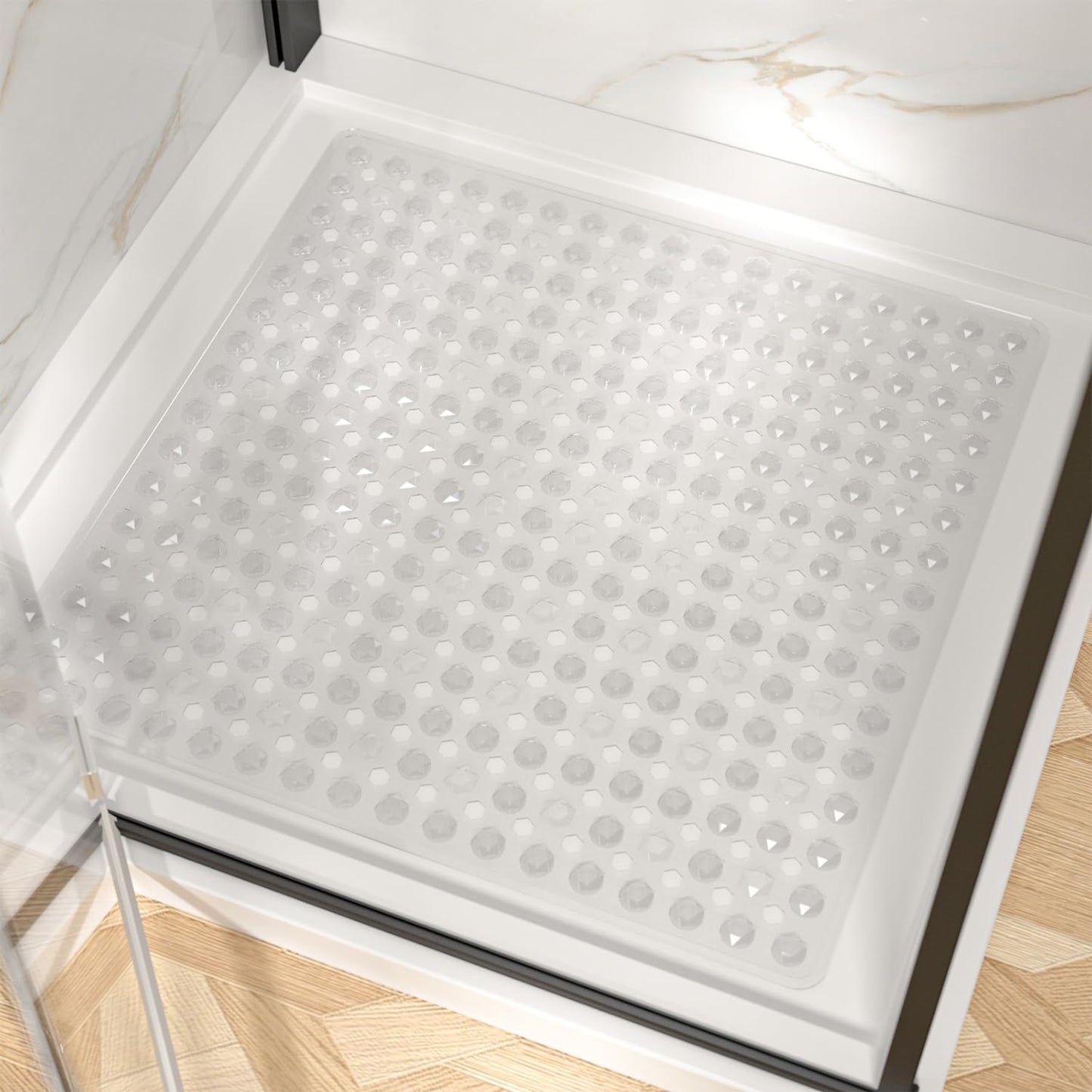 HITSLAM Shower Mat Anti Slip, Square Bath Mat for Tub Non Slip with Suction Cups and Drain Holes, 21x21 Inch Bathroom Shower Stall Floor Mat, Machine Washable, Soft on Feet, Clear