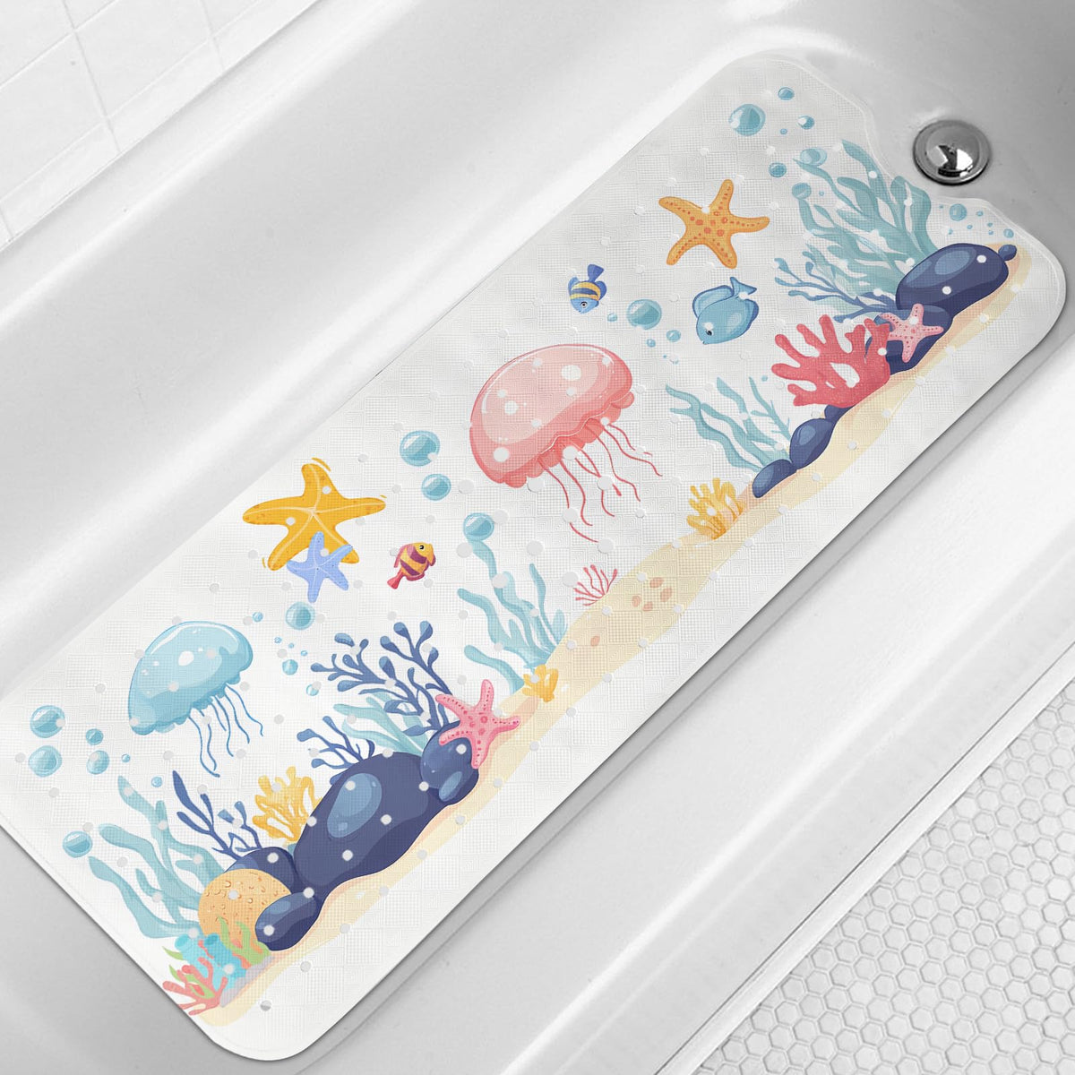 LNOND Bath Mat for Tub for Kids, Toddler Bathtub mat Non Slip, Whales and Coral Kids Bath Mats for Bathroom Non Slip with Drain Holes and Suction Cups,Machine Washable (40 X 16 Inch)