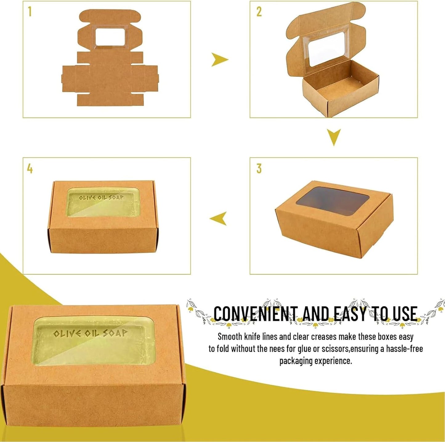 RYKOMO 40 PCS Soap Boxes for Homemade 3.55 x 2.4 x 1.2 Inch Small Soap Paper Box Mini Kraft Treat Box with Window for Homemade Soap Packaging Boxes Supplies