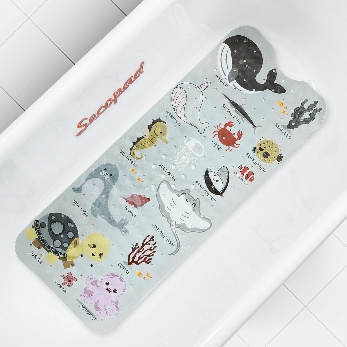 Secopad Bathtub Mat Non Slip, Cute Tub Mat, 40" x 16", Blue Sea Animals | Rectangular, Anti-Slip, Machine Washable, with Drain Holes and Suction Cups,For Bathtub and Shower Floor, for Toddler & Kids