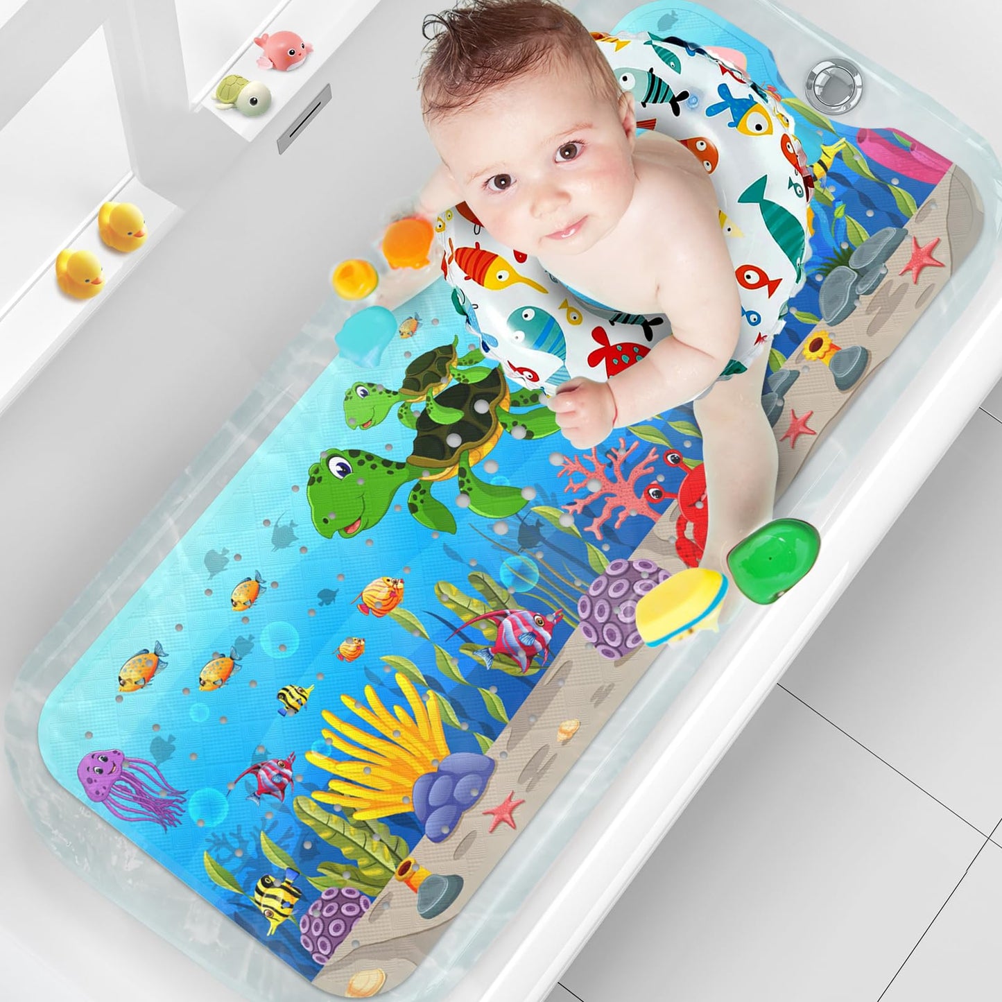 Baby Bath Mat for Tub Non Slip Kids, BPA Free Extra Long Bathtub Mat 40x16 with Drain Holes and 200 Suction Cups, Non Toxic Machine Washable Toddler Bath Mat, No Fading, Sea