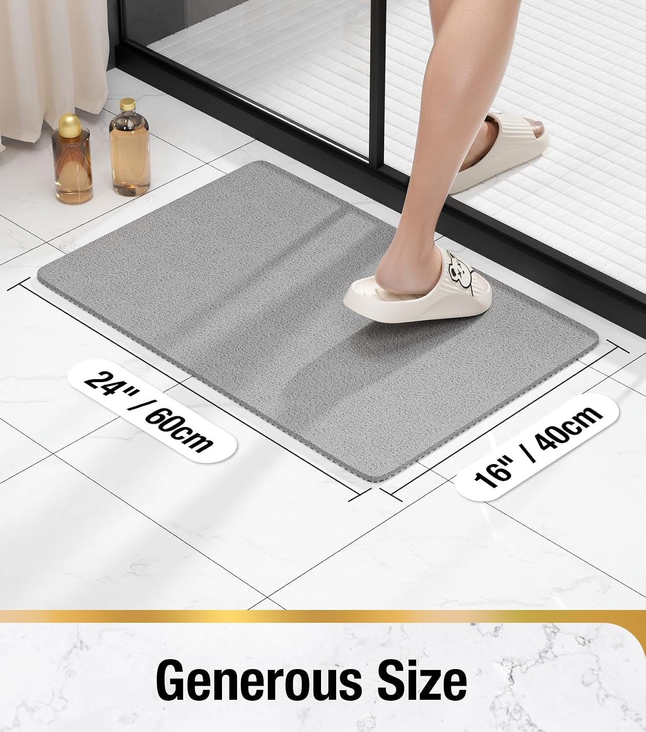 HITSLAM Shower mat Non Slip, 24 x 16 Inch Bath Mat for Tub with Drain Holes, Soft PVC Loofah Bathtub Mat Non Slip, Quick Drying Bathroom Shower Mat, Grey
