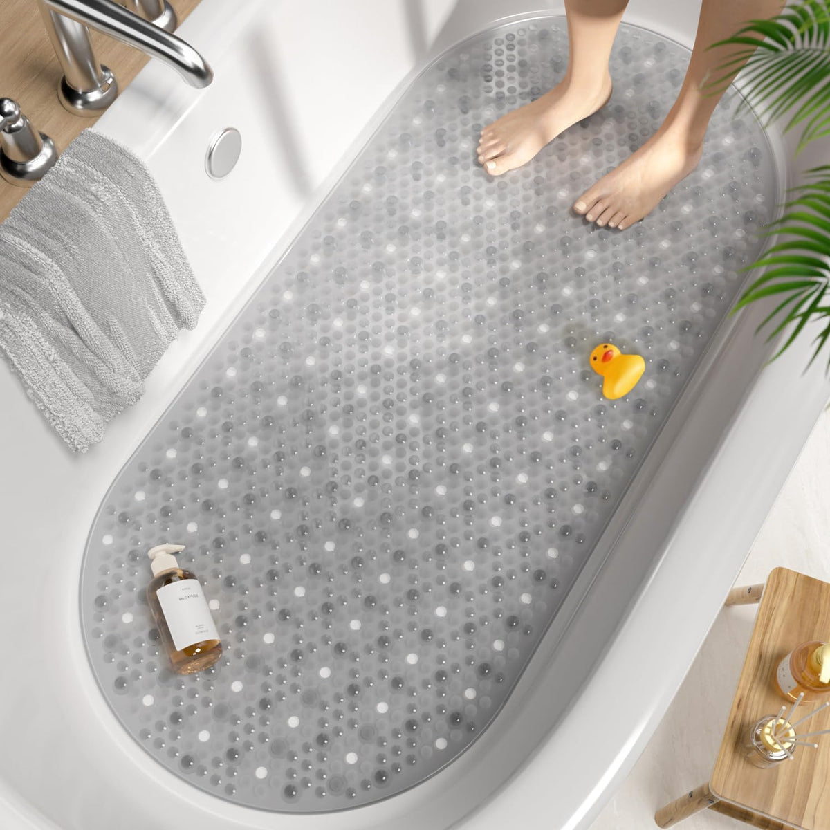HITSLAM Bathtub Mat Non Slip, 27x15 Inch Bubble Oval Bath Tub Mat for Bathroom, Machine Washable Shower Mat with Suction Cups and Drain Holes, Clear