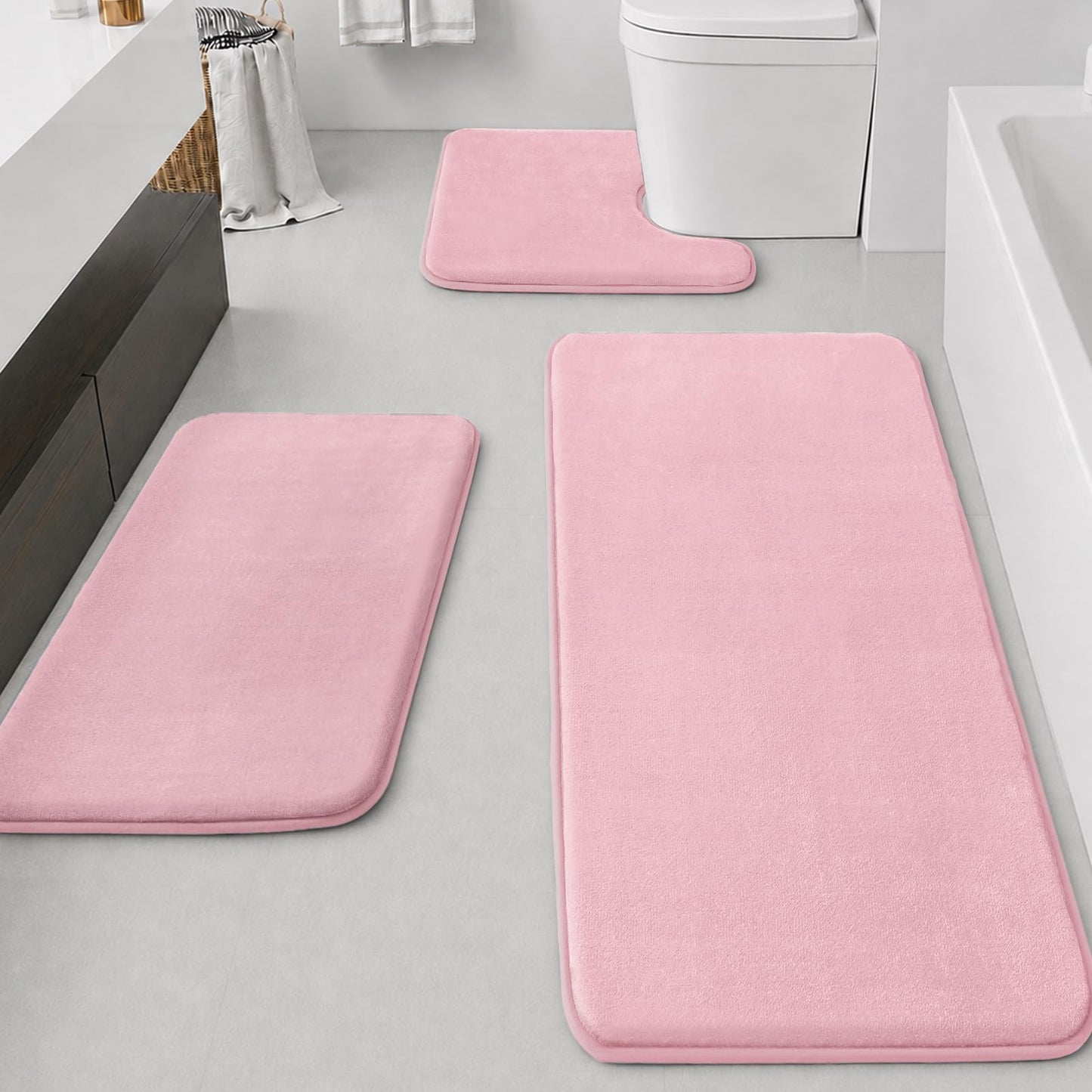 HUXMEYSON Bathroom Rugs Sets 3 Piece, Non-Slip & Quick Dry Bath Mat Set, Ultra Soft Velvet Bath Rugs for Bathroom, Toilet and Shower Floor, Grey