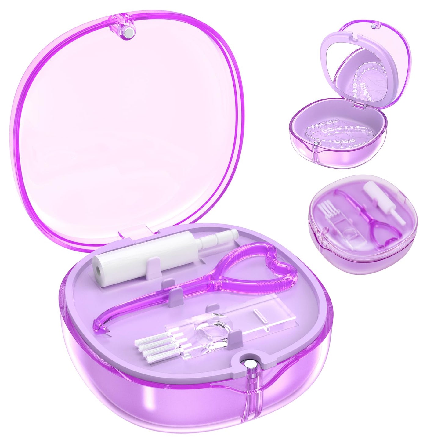 Pink Aligner and Retainer Case Double-layer Cute Slim Braces Night Mouth Guard Case with Remover Tool, Chew and Cleaning Brush, Built in Mirror Orthodontic Dental Retainer Container