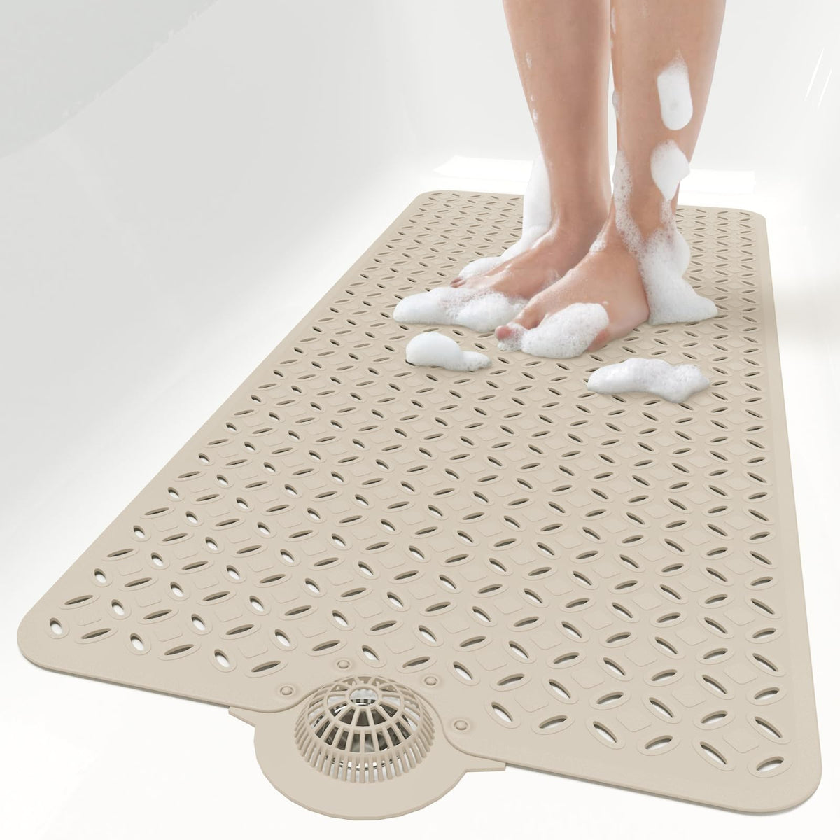 OTHWAY Bath Mat for Tub Non Slip: 39" X 17" Long Bathtub Mat with Hair Catcher│Big Drain Holes Shower Mats for Inside Shower│Machine Washable (Grey)