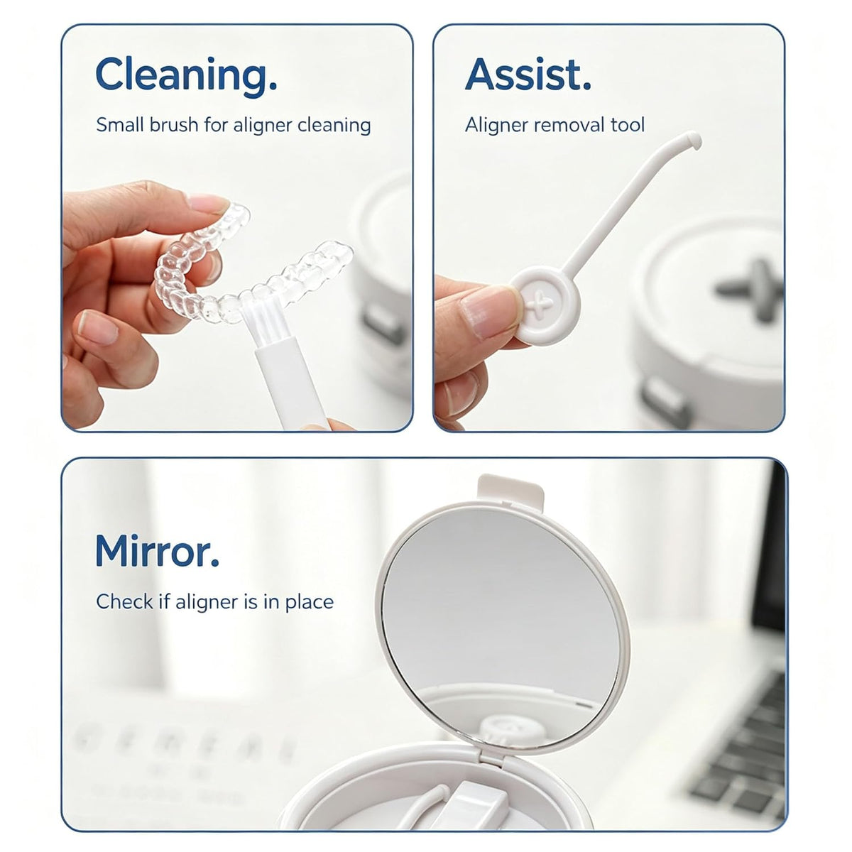 Retainer Cleaner Case with Auto-Lifting Strainer, Blue | Leak proof aligner bath cup with automatic lifting strainer basket, denture case with mirror, brush and cleaning tool